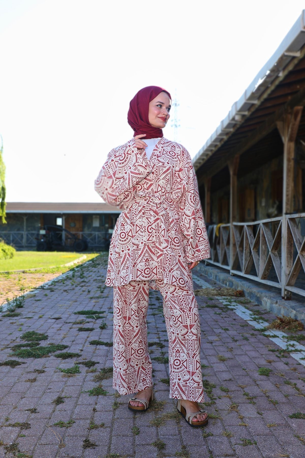 Kiremit Etnik Desenli Şile Bezi Kimono Pantolon Takım