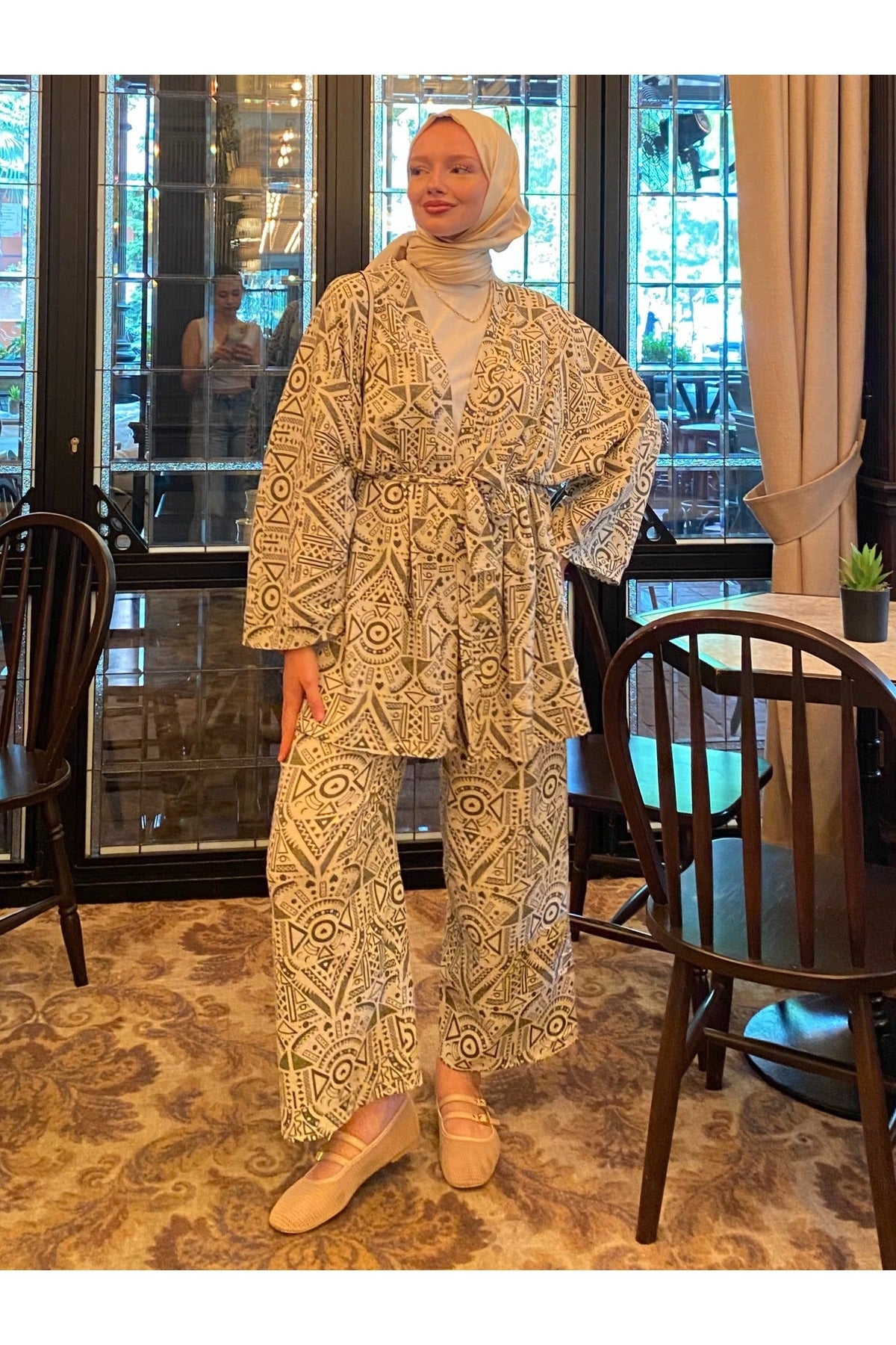 Haki Etnik Desenli Şile Bezi Kimono Pantolon Takım