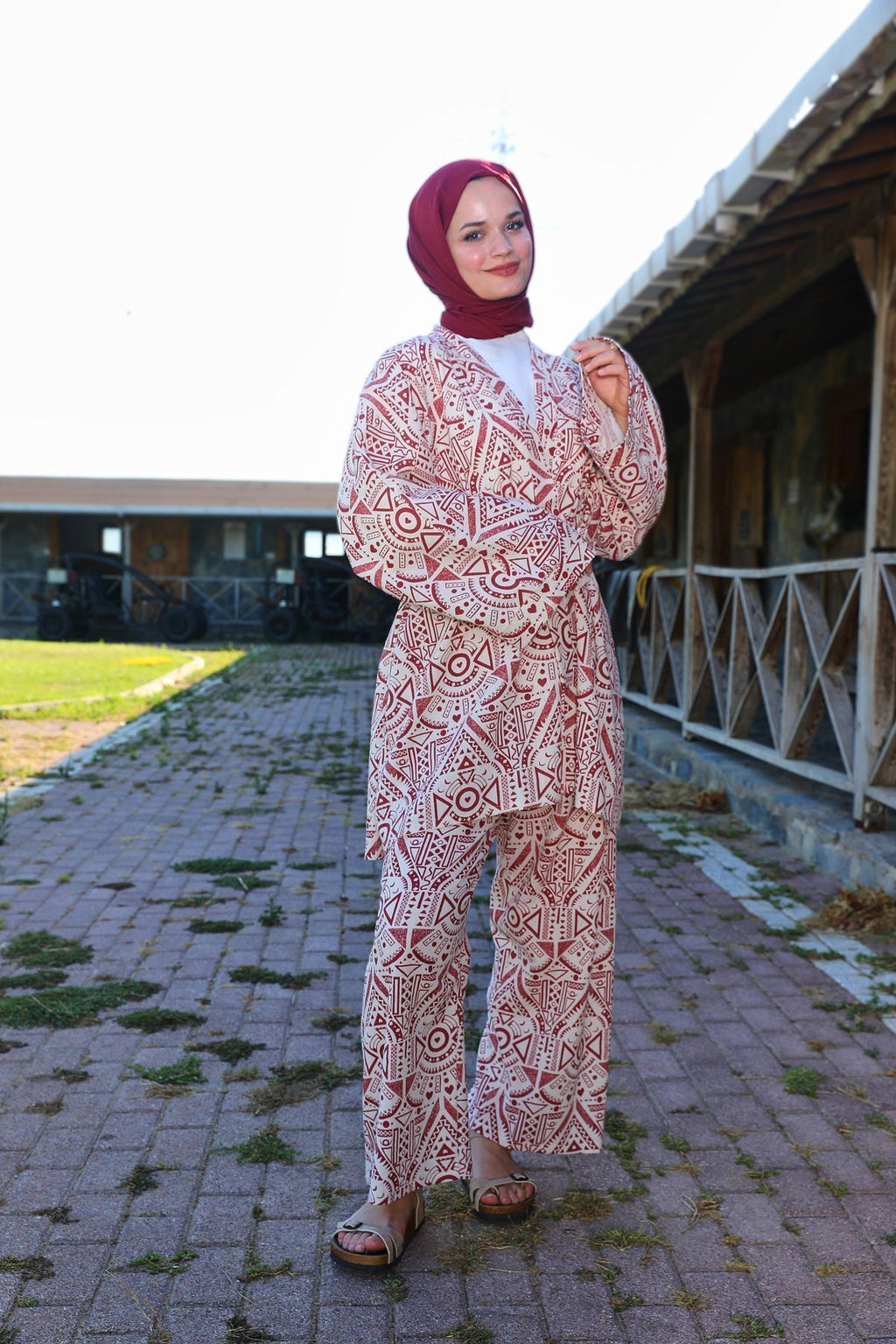 Kiremit Etnik Desenli Şile Bezi Kimono Pantolon Takım