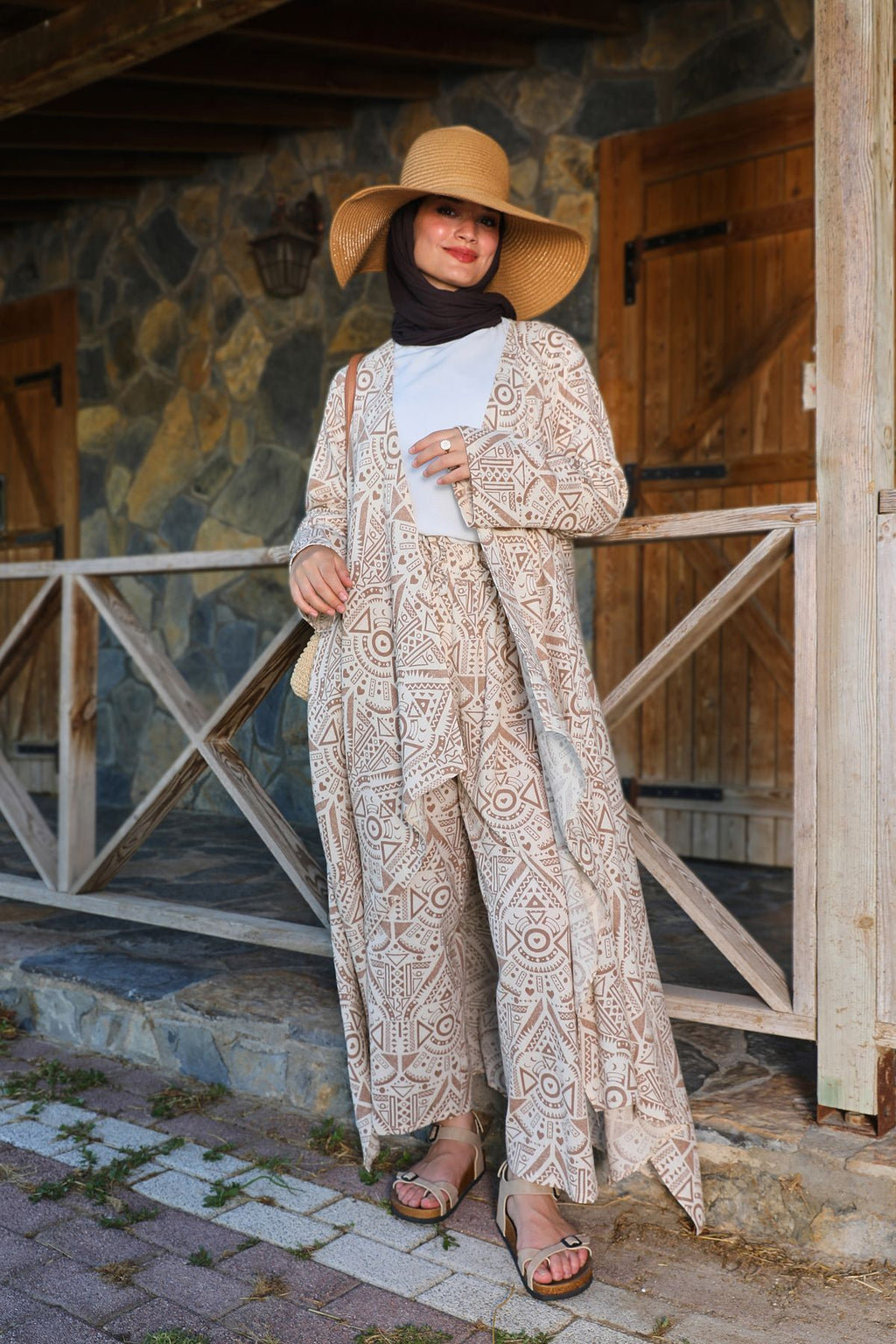 Kahverengi Etnik Desenli Şile Bezi Kimono