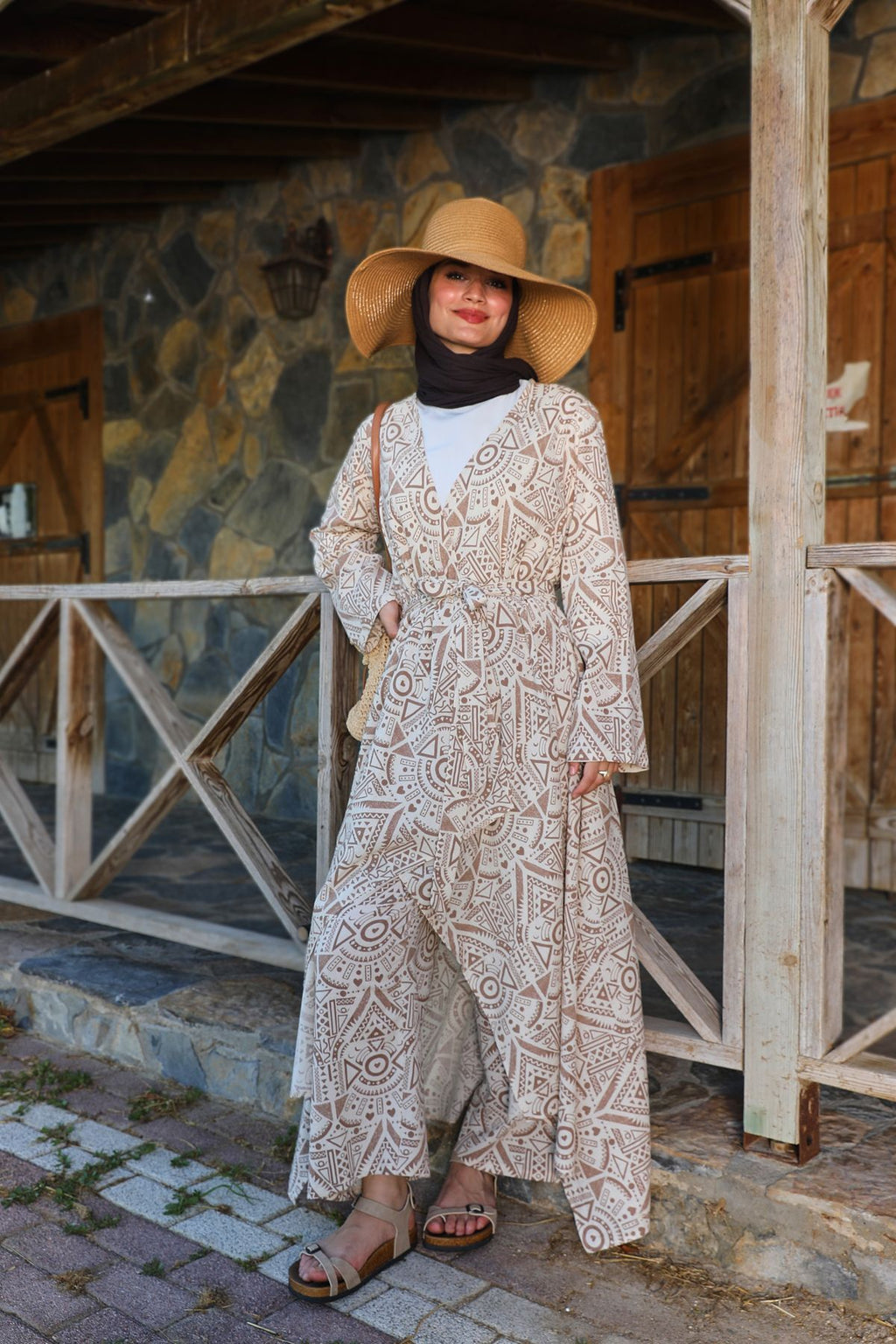 Kahverengi Etnik Desenli Şile Bezi Kimono