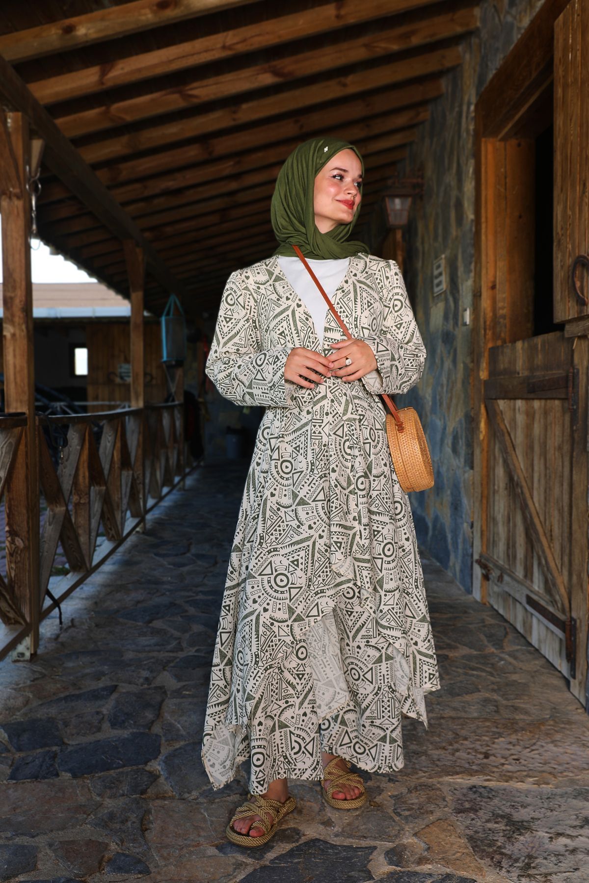 Haki Etnik Desenli Şile Bezi Kimono