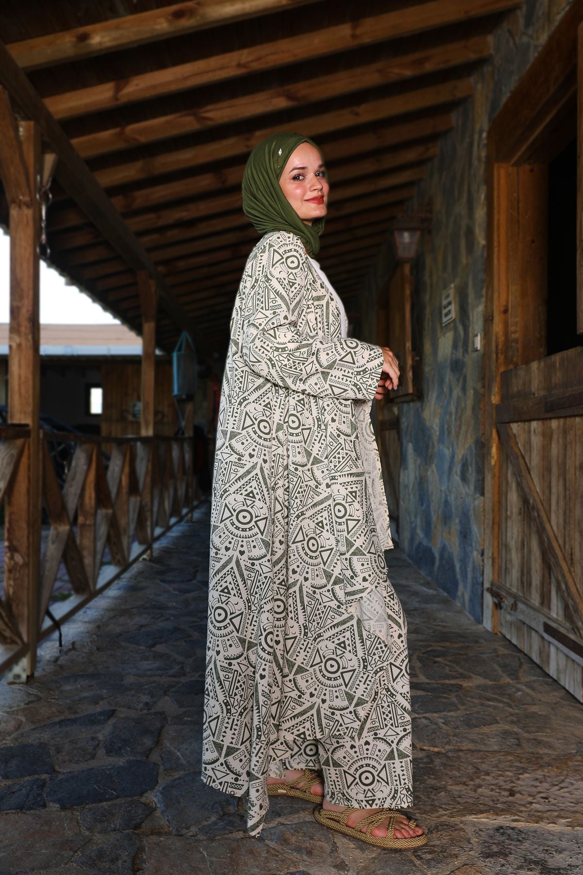 Haki Etnik Desenli Şile Bezi Kimono