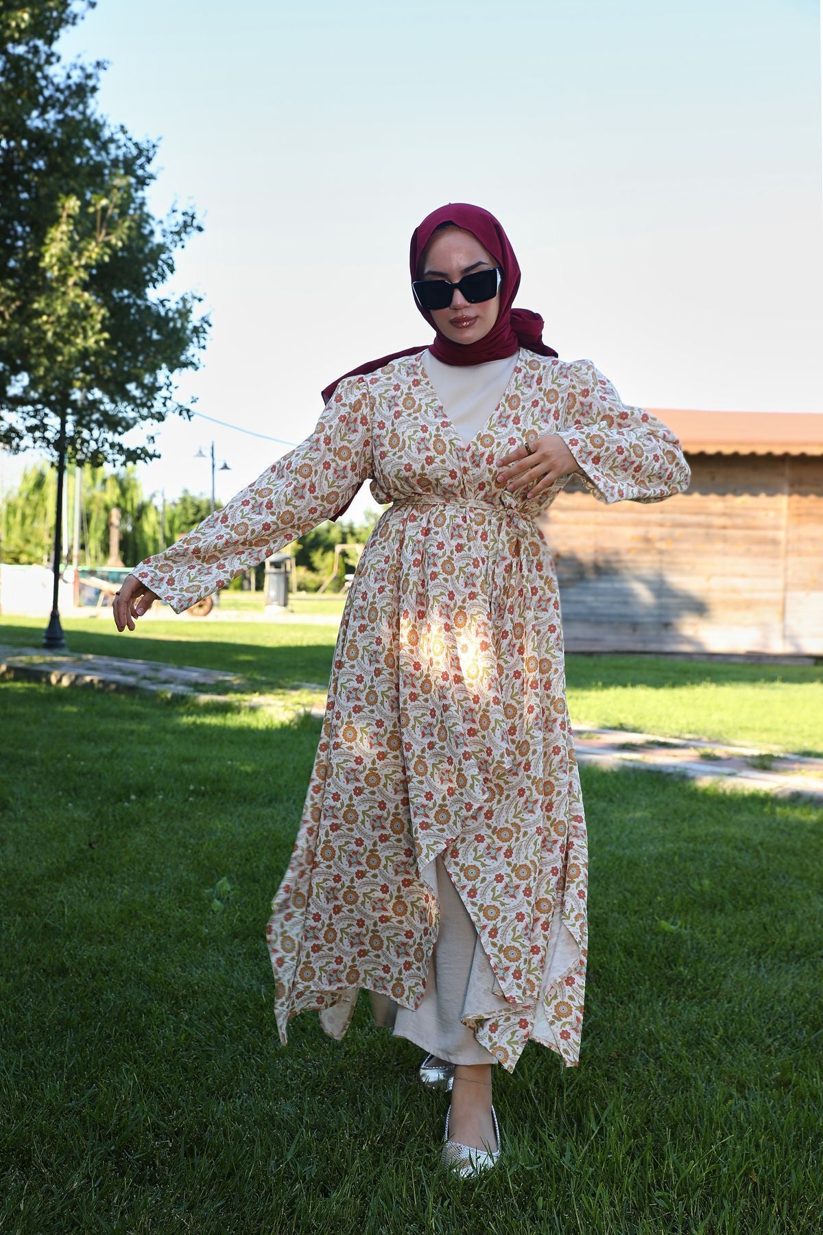 Kavuniçi Çiçek Desenli Şile Bezi Kimono