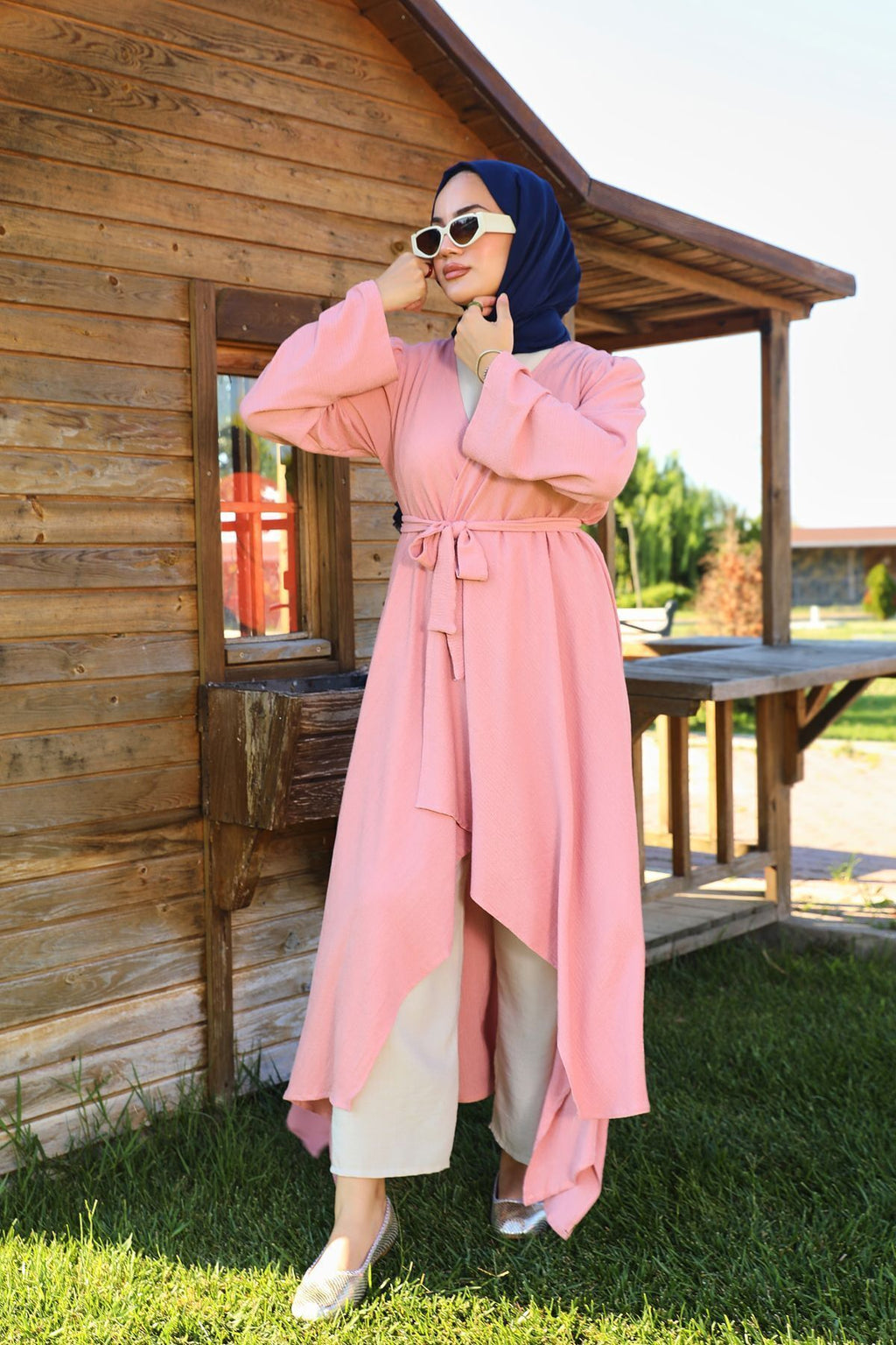 Pembe Bürümcük Uzun Kimono