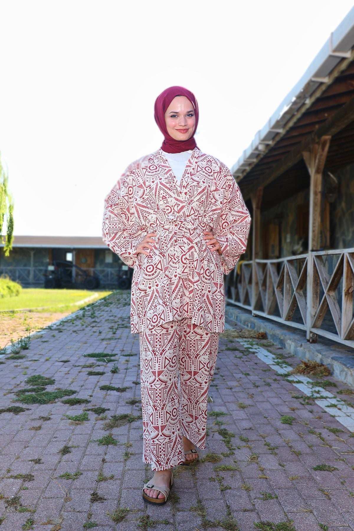 Kiremit Etnik Desenli Şile Bezi Kimono Pantolon Takım