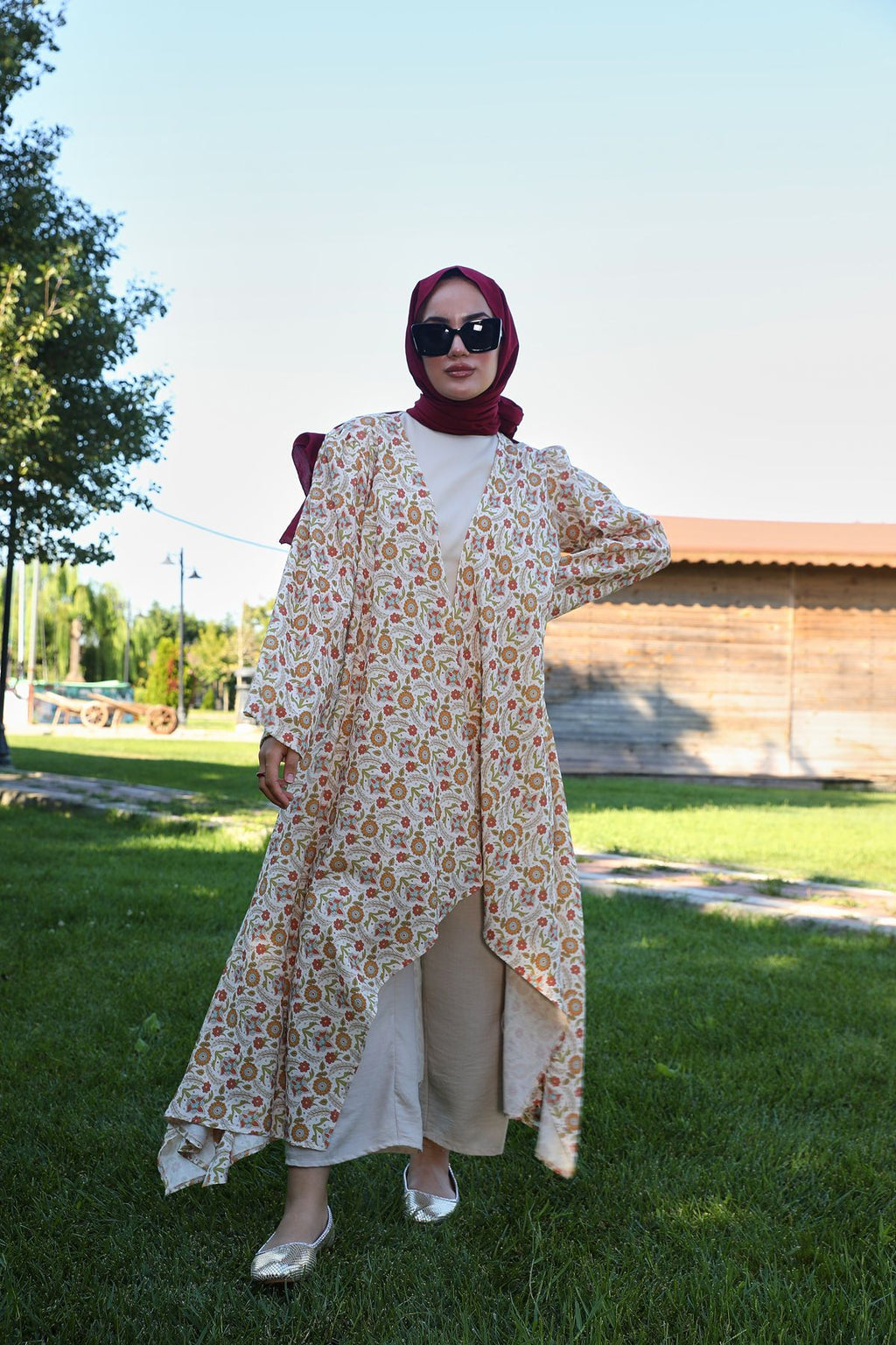 Kavuniçi Çiçek Desenli Şile Bezi Kimono