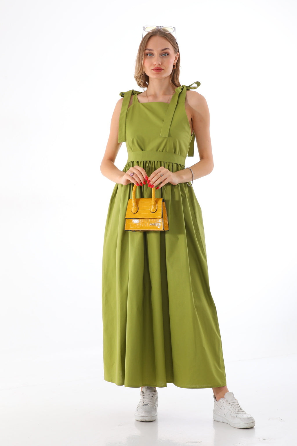 Omuzdan Bağlamalı Kuşaklı Fıstık Yeşili Jile