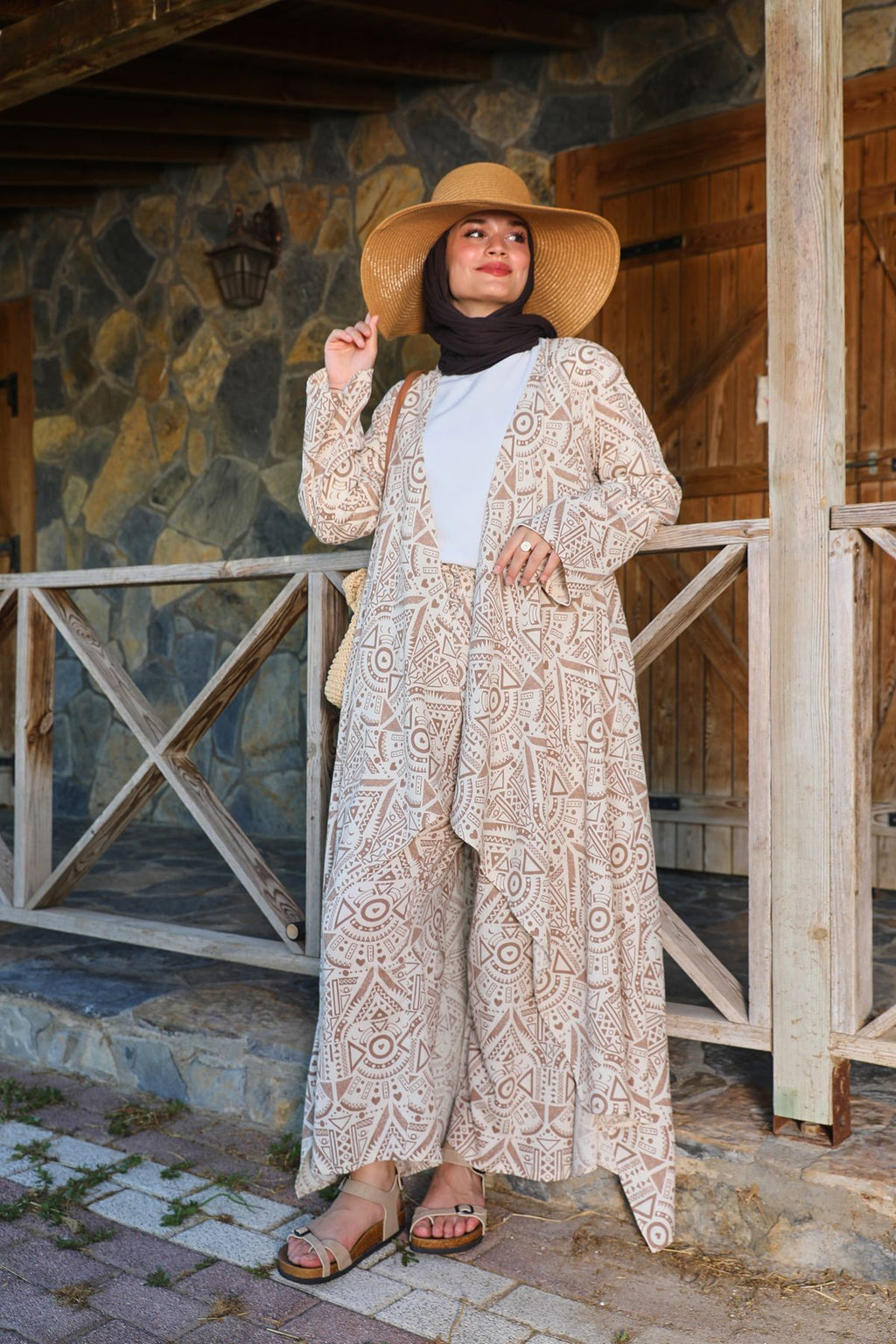 Kahverengi Etnik Desenli Şile Bezi Kimono