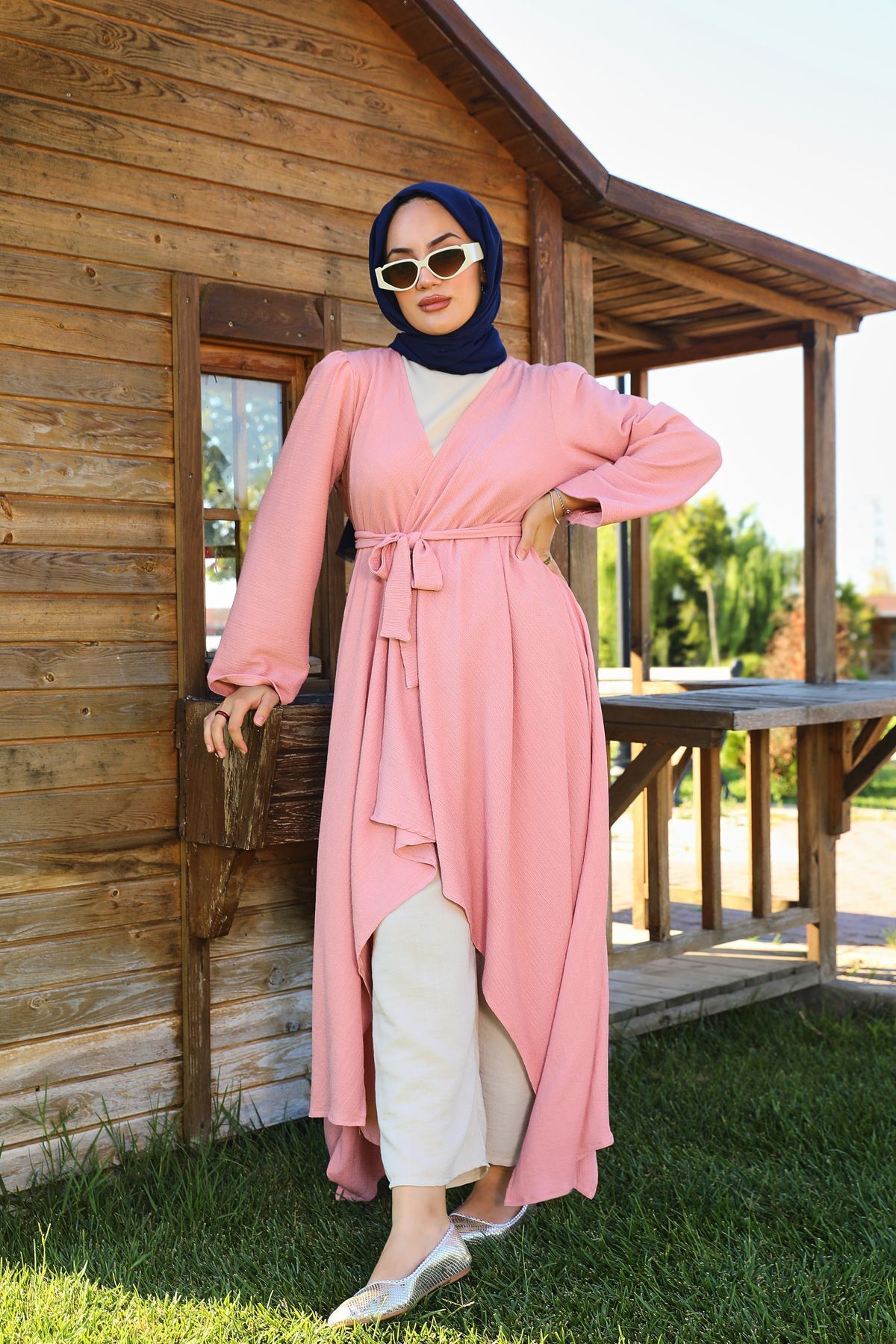 Pembe Bürümcük Uzun Kimono