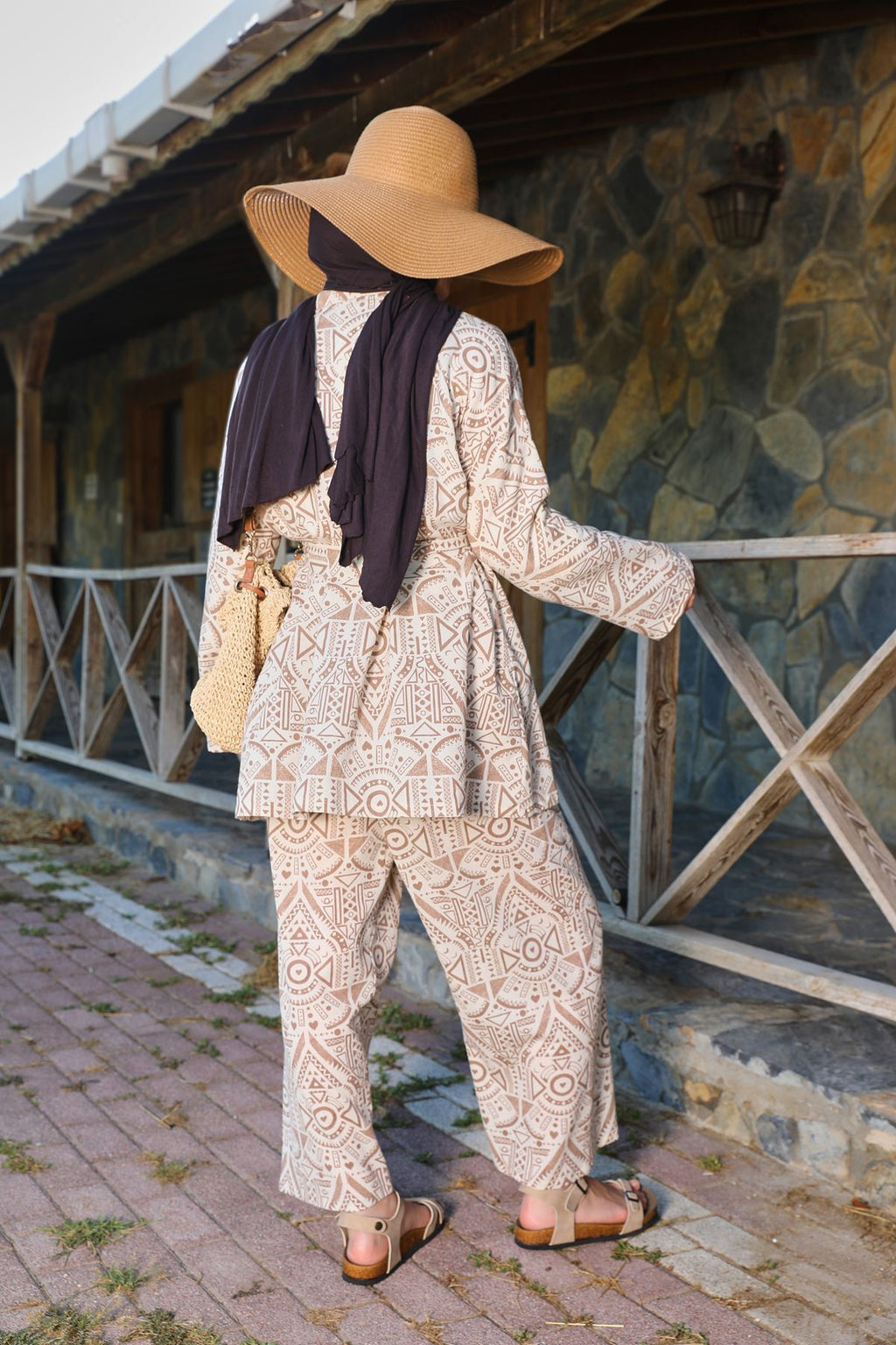 Kahverengi Etnik Desenli Şile Bezi Kimono Pantolon Takım