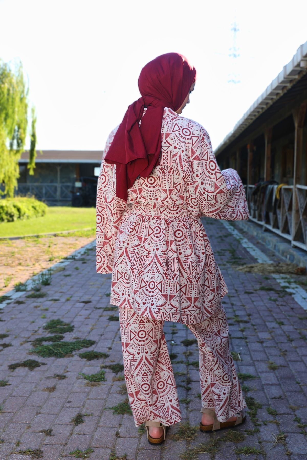 Kiremit Etnik Desenli Şile Bezi Kimono Pantolon Takım