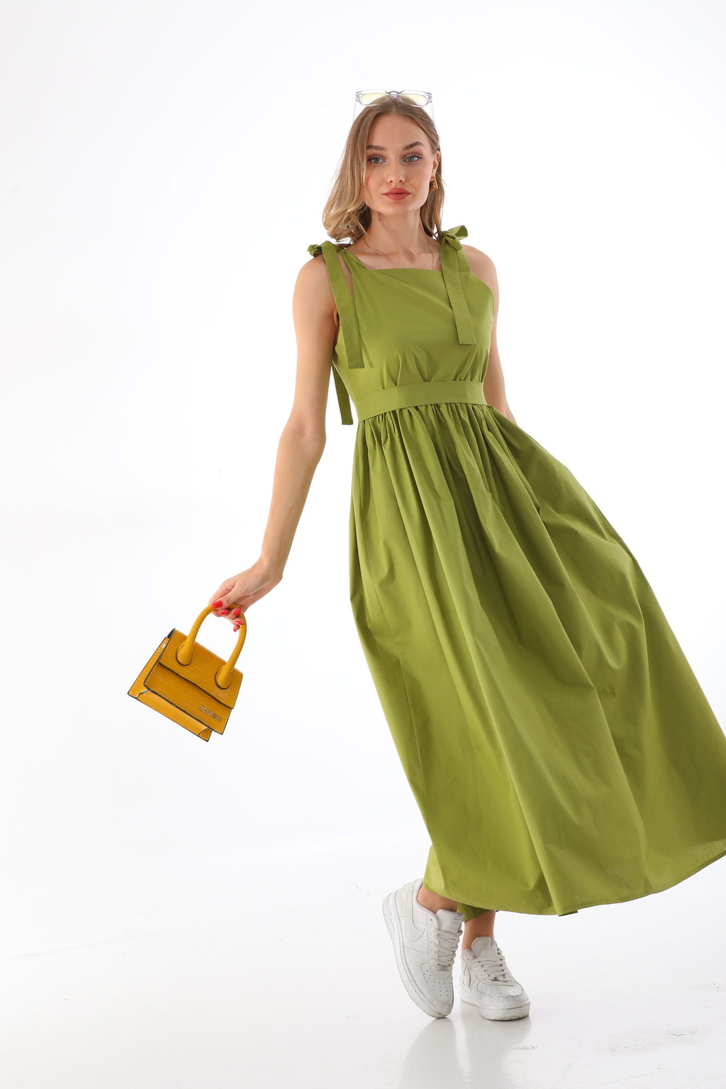 Omuzdan Bağlamalı Kuşaklı Fıstık Yeşili Jile