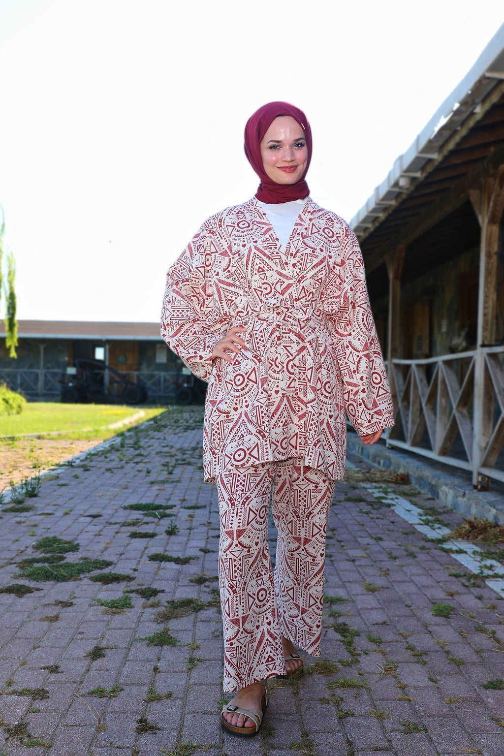 Kiremit Etnik Desenli Şile Bezi Kimono Pantolon Takım