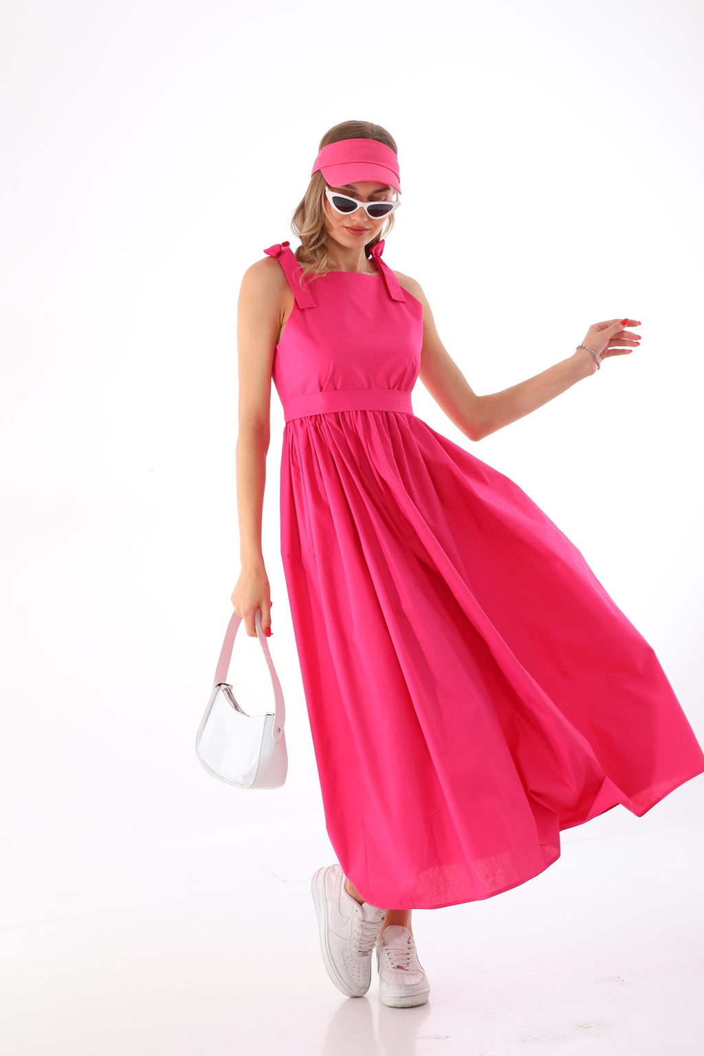 Omuzdan Bağlamalı Kuşaklı Koyu Pembe Jile