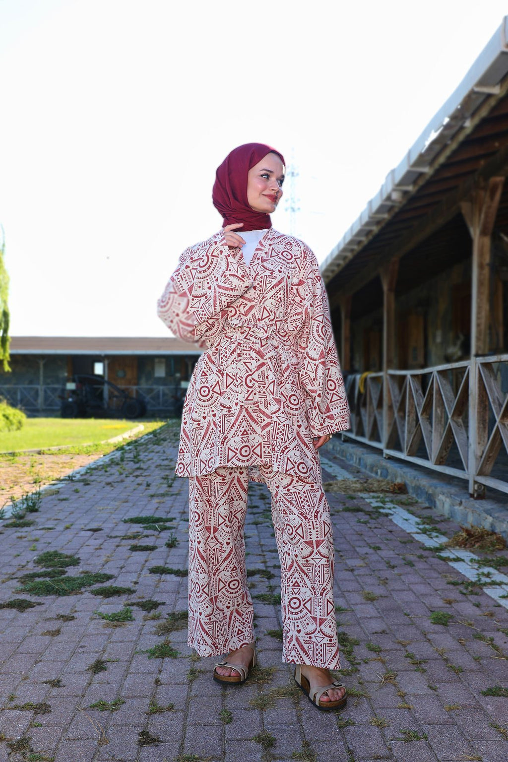 Kiremit Etnik Desenli Şile Bezi Kimono Pantolon Takım