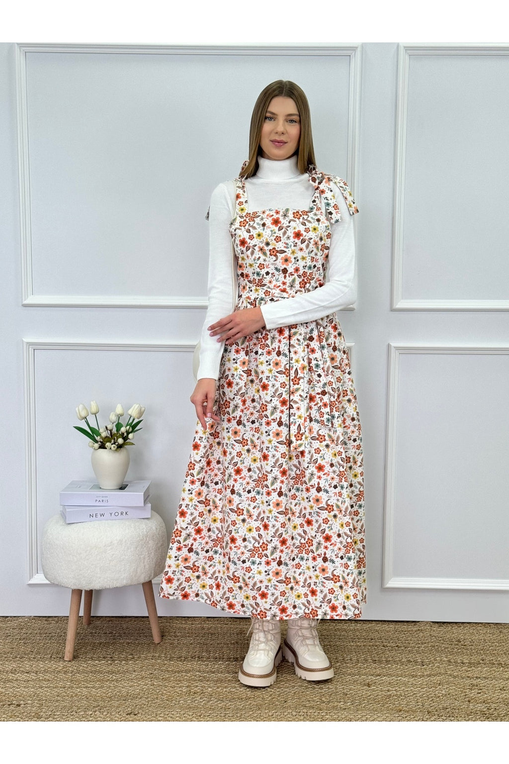 Omuzdan Bağlamalı Çiçek Desenli Turuncu Jile