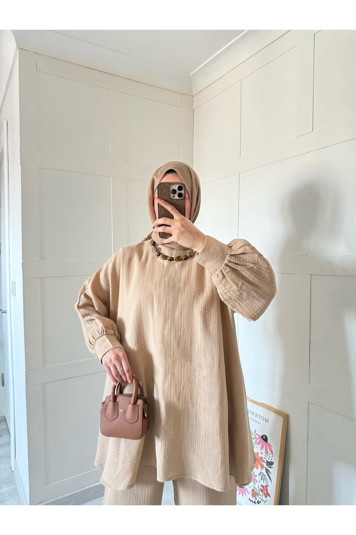 Bej Müslin Pantolonlu Salaş Takım