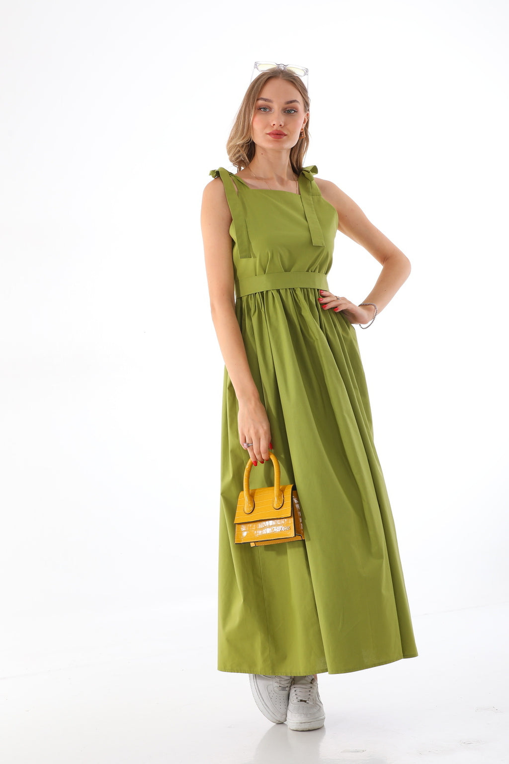 Omuzdan Bağlamalı Kuşaklı Fıstık Yeşili Jile