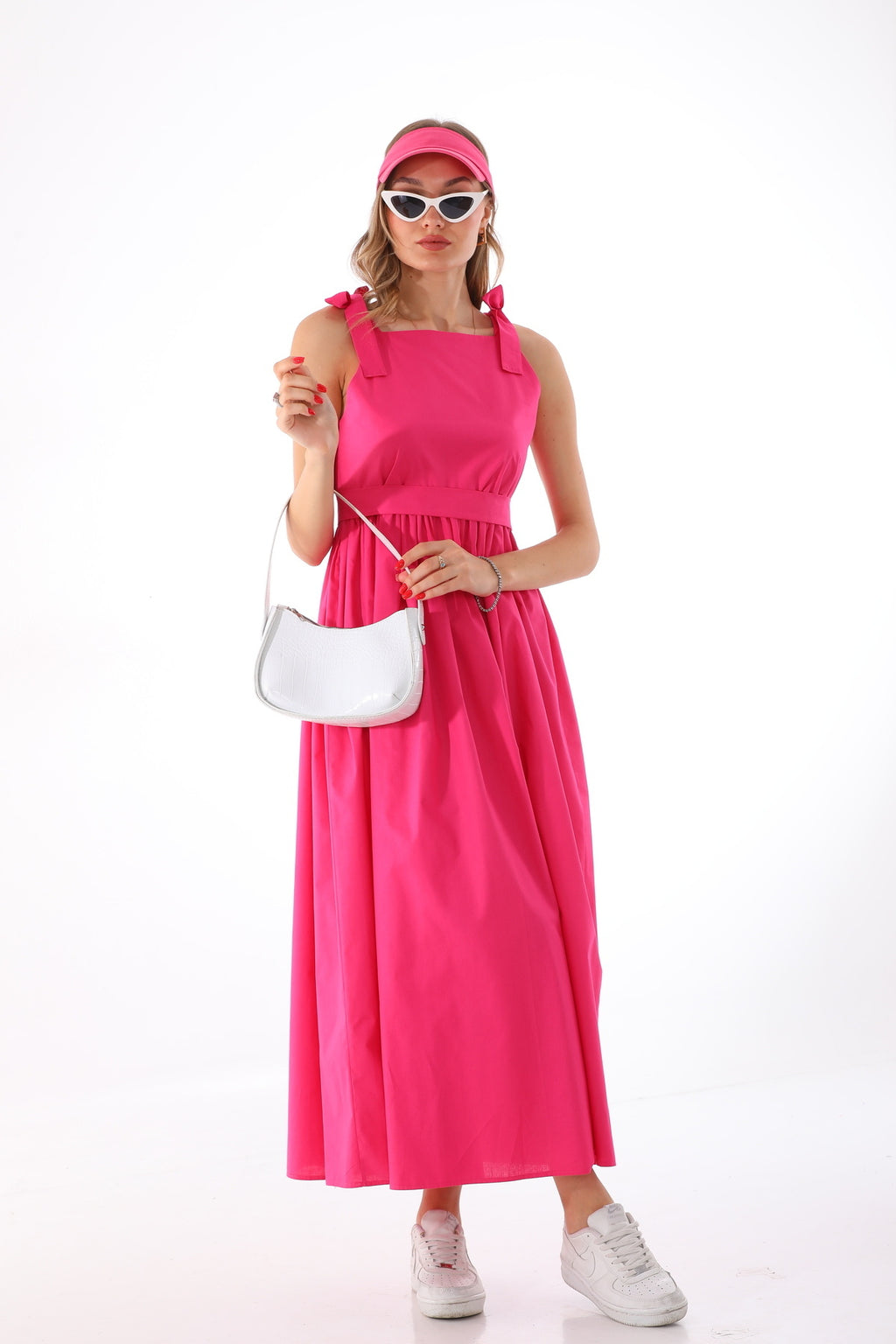 Omuzdan Bağlamalı Kuşaklı Koyu Pembe Jile