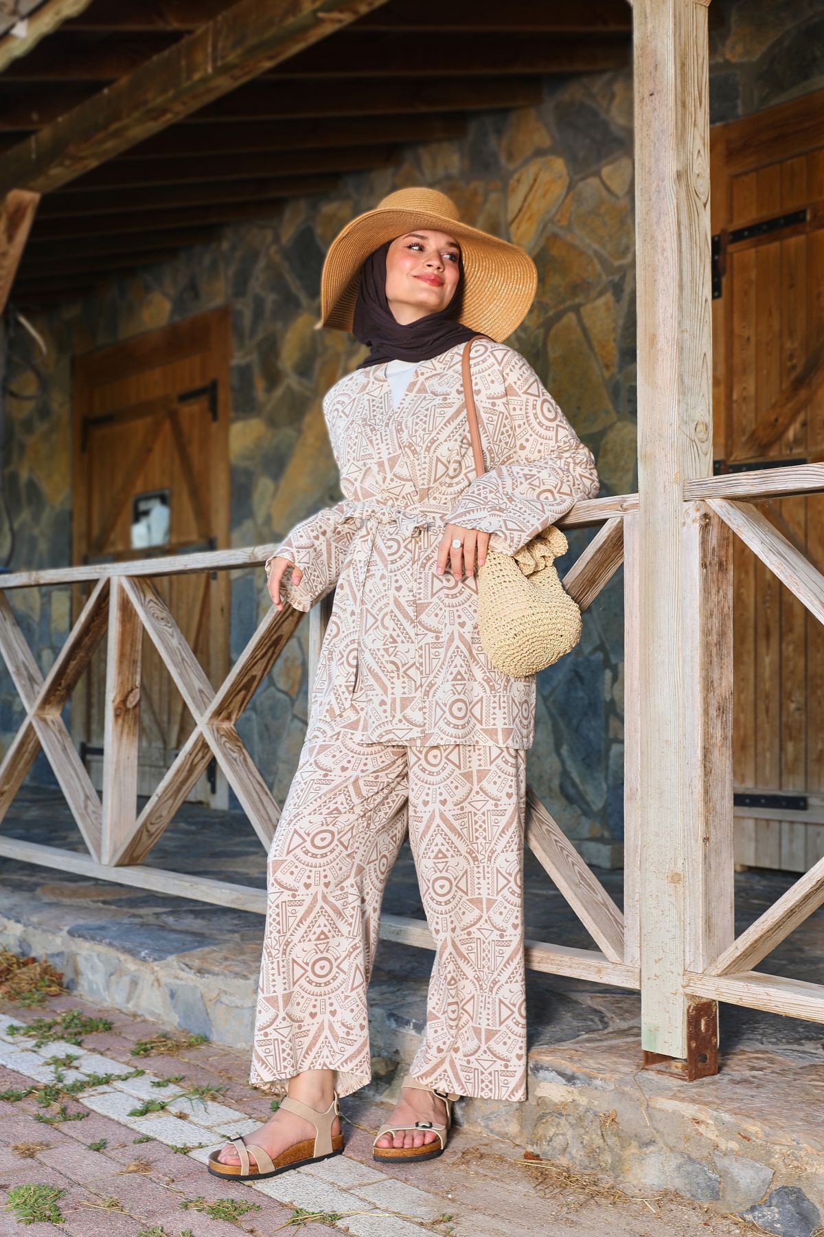 Kahverengi Etnik Desenli Şile Bezi Kimono Pantolon Takım