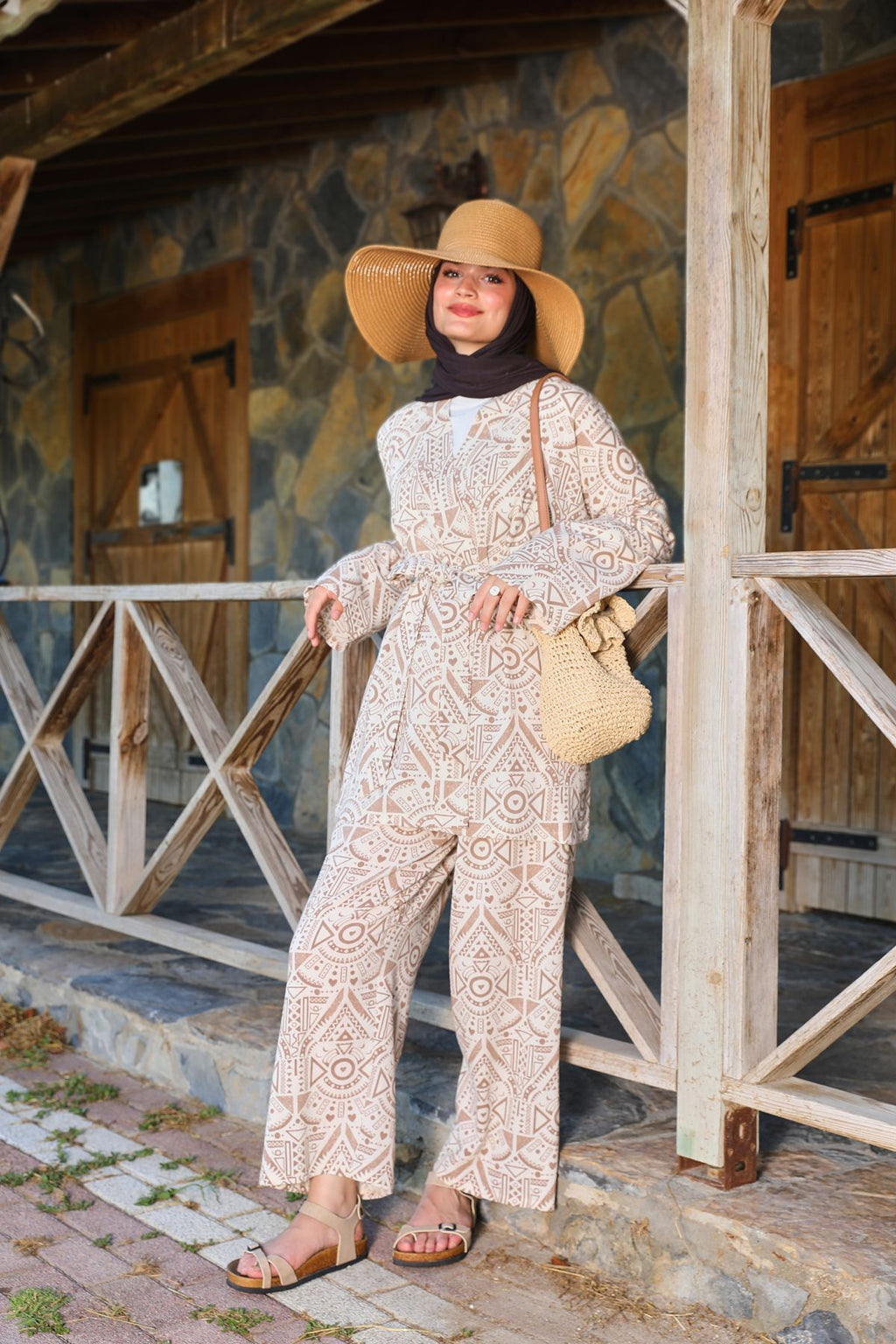 Kahverengi Etnik Desenli Şile Bezi Kimono Pantolon Takım
