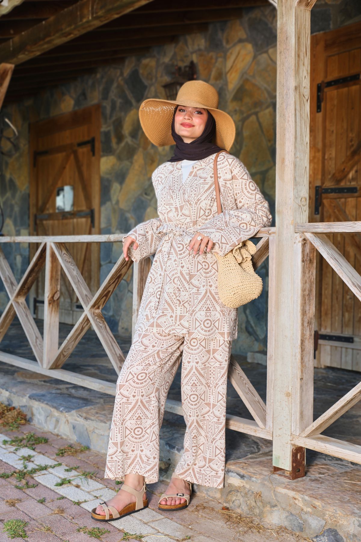 Kahverengi Etnik Desenli Şile Bezi Kimono Pantolon Takım