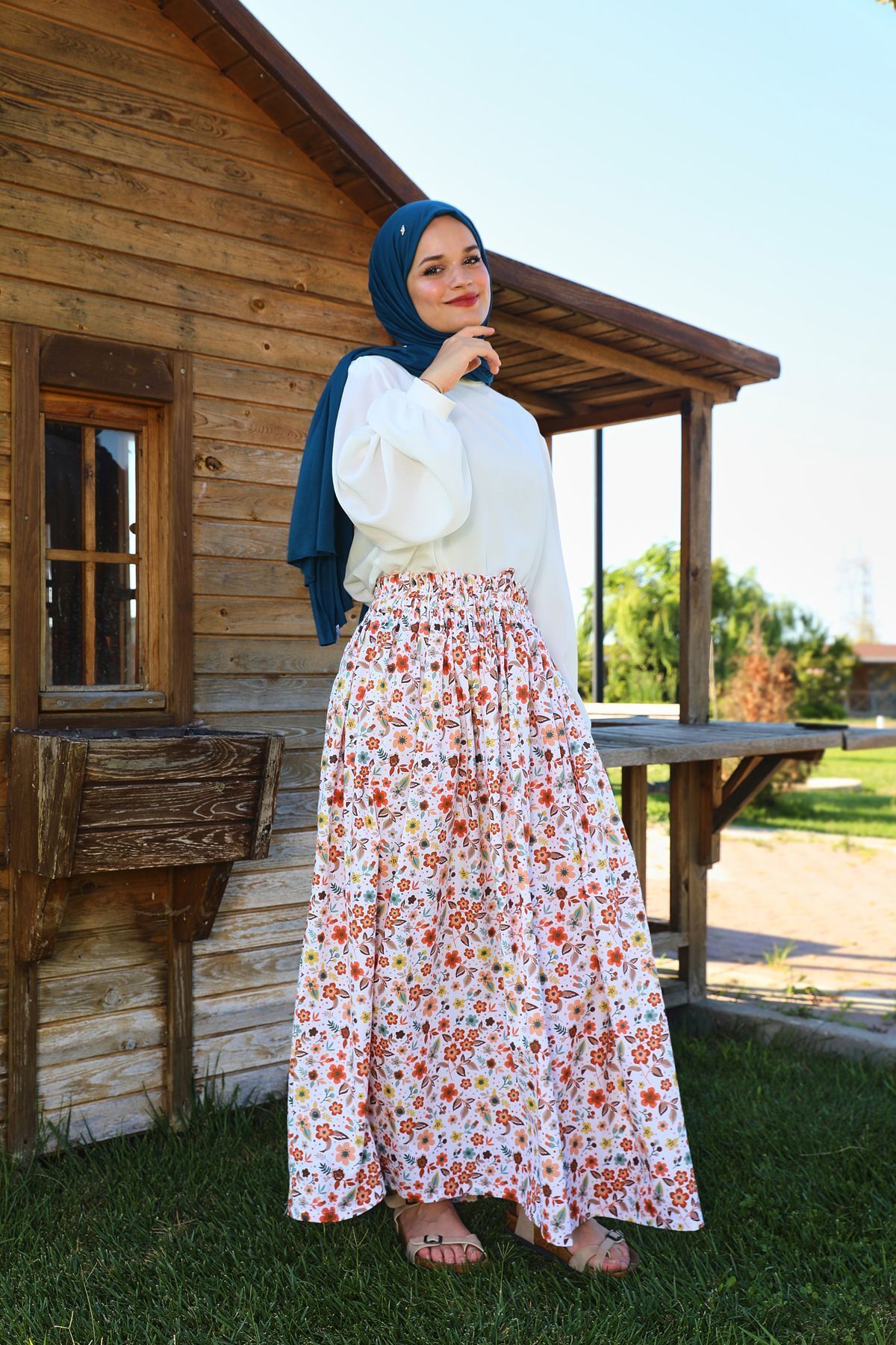 Bahar Dalı Turuncu Çiçek Desenli Etek