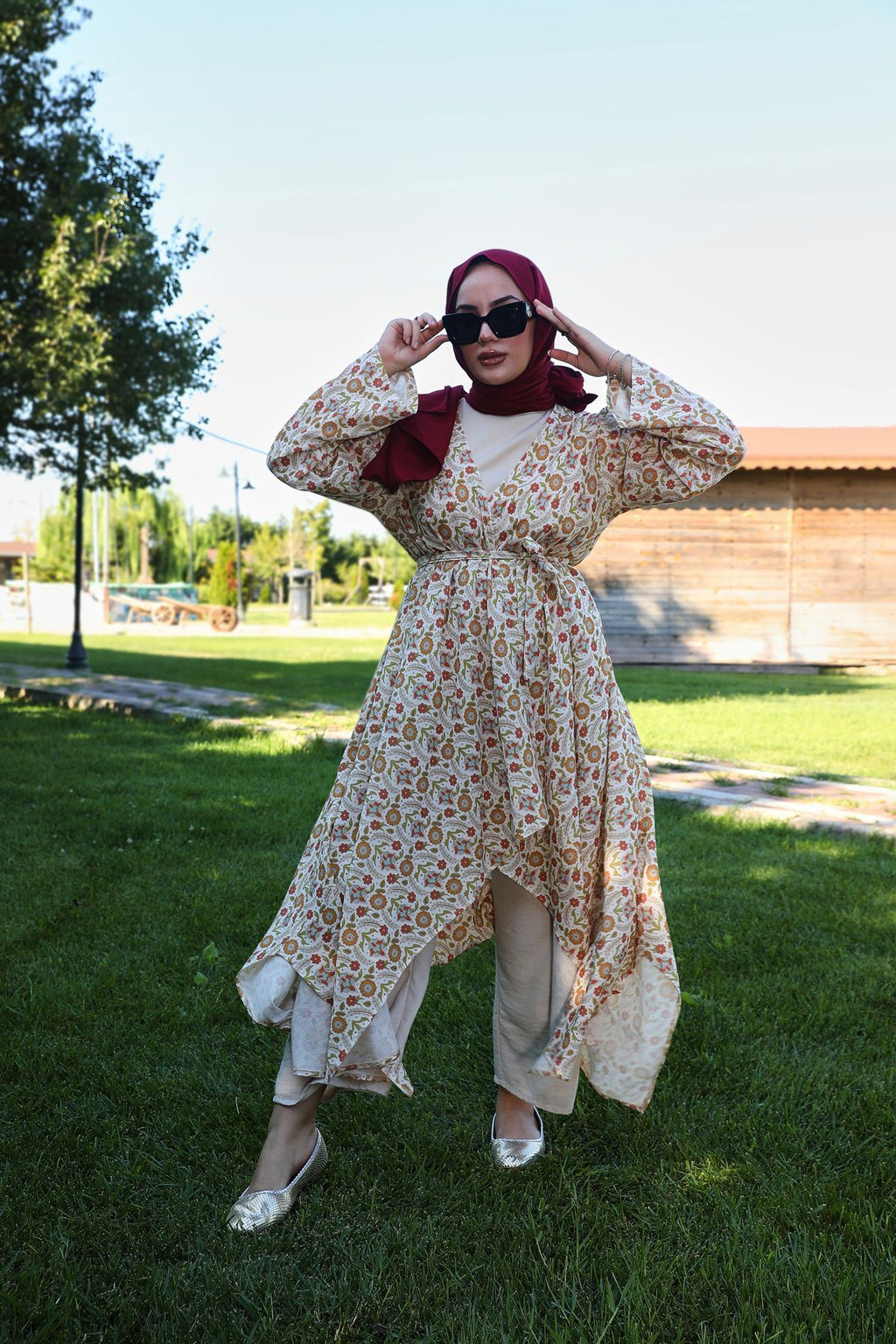 Kavuniçi Çiçek Desenli Şile Bezi Kimono