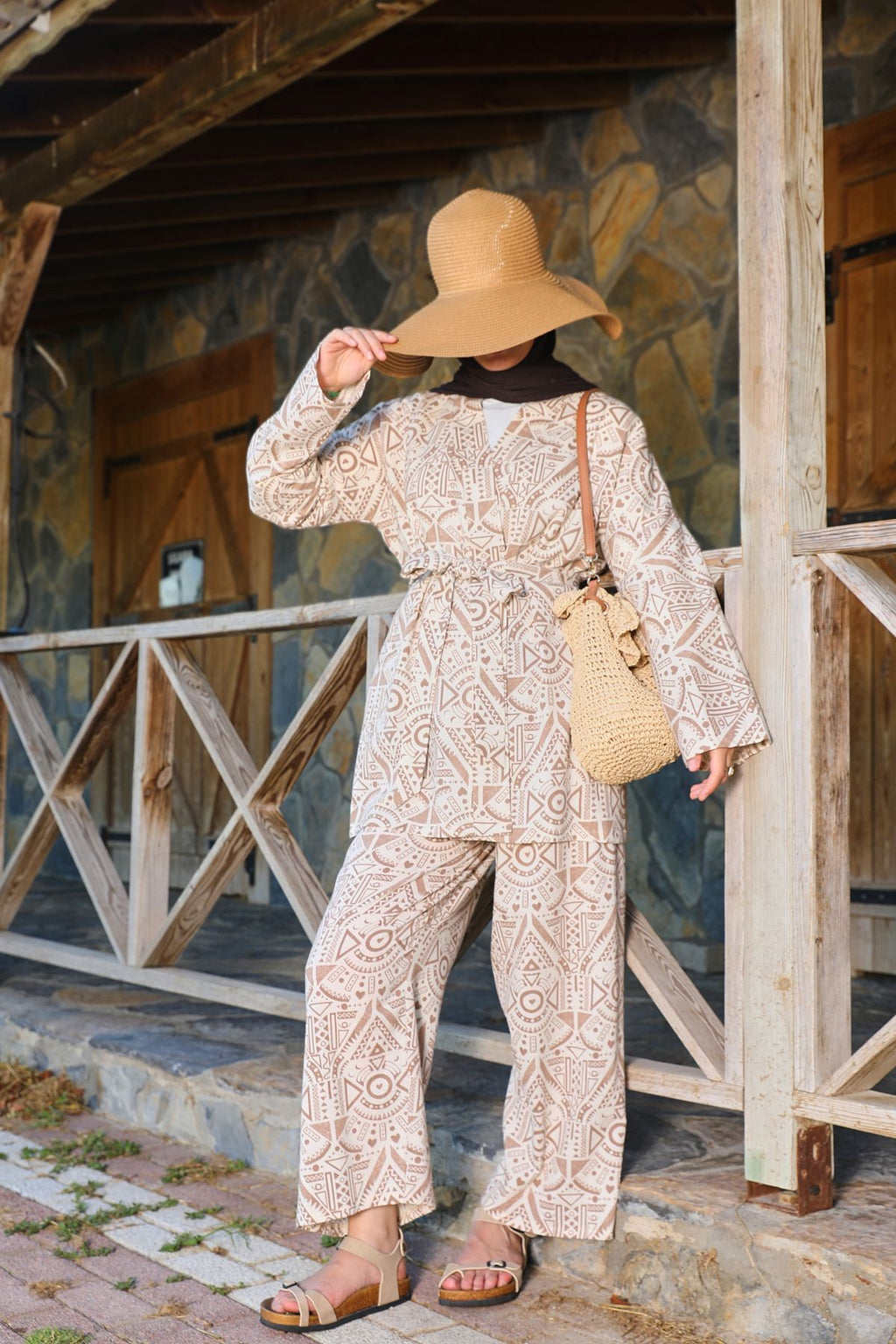 Kahverengi Etnik Desenli Şile Bezi Kimono Pantolon Takım