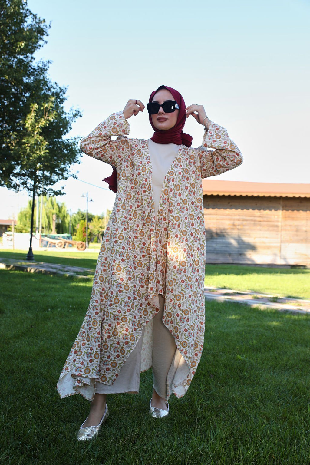 Kavuniçi Çiçek Desenli Şile Bezi Kimono