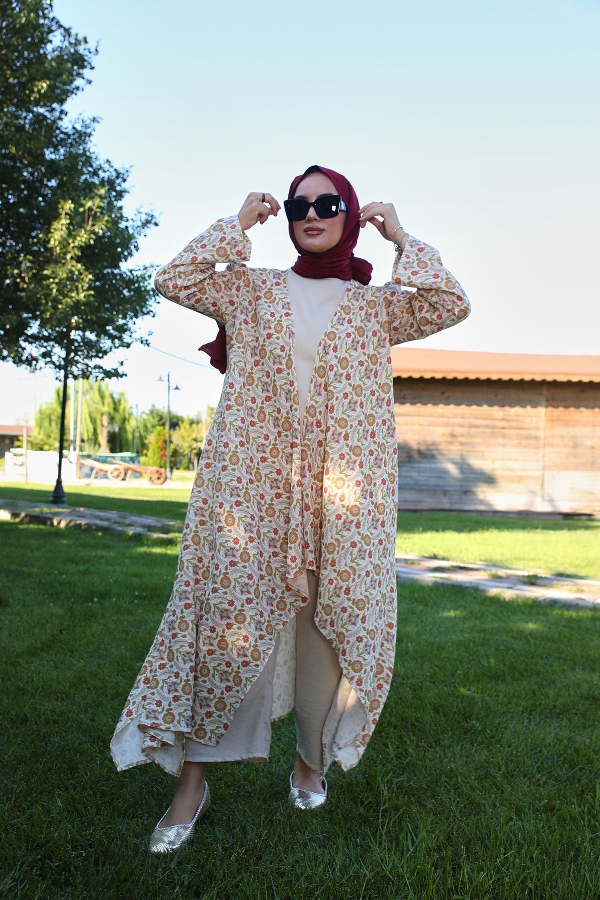 Kavuniçi Çiçek Desenli Şile Bezi Kimono