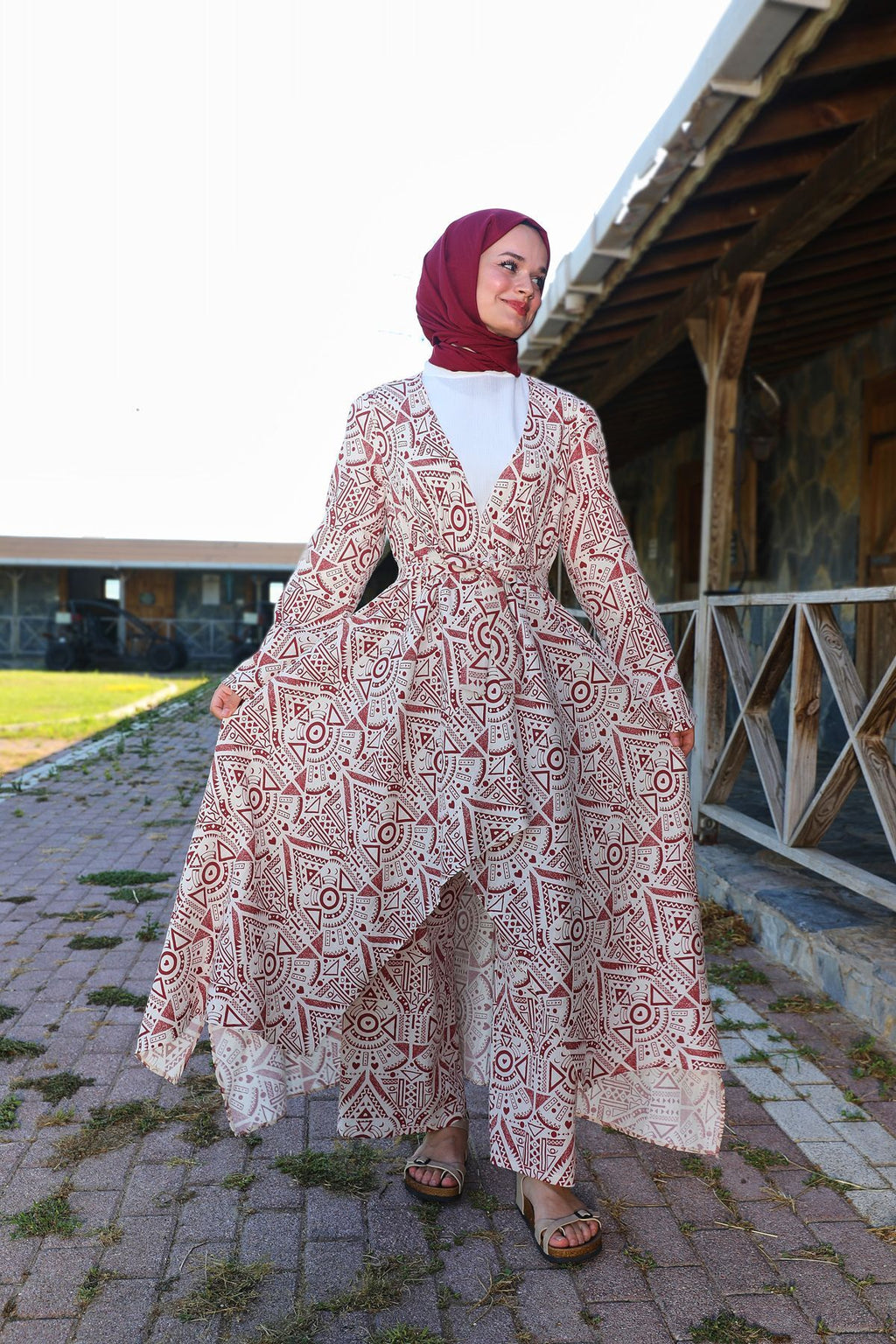 Kiremit Etnik Desenli Şile Bezi Kimono