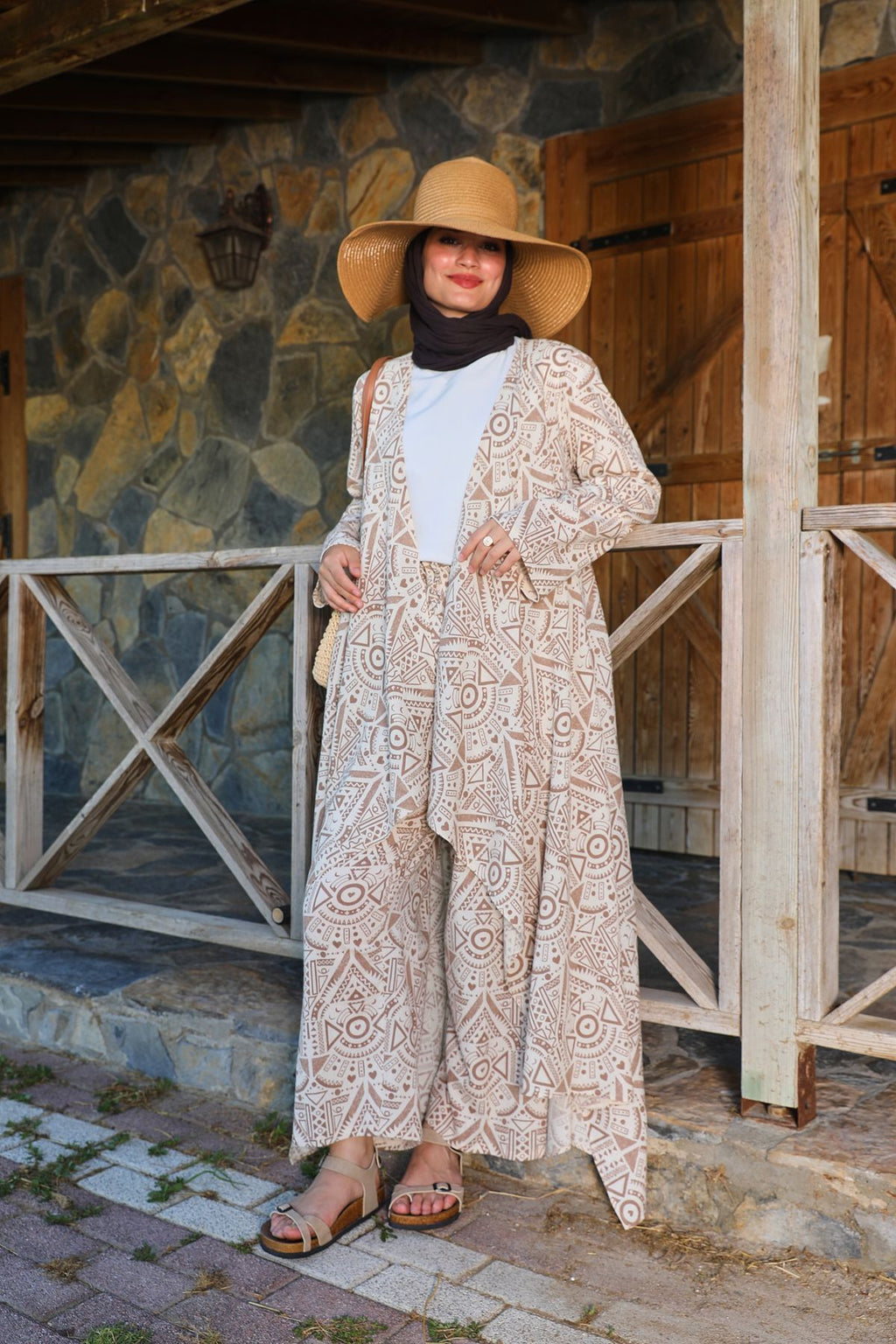 Kahverengi Etnik Desenli Şile Bezi Kimono