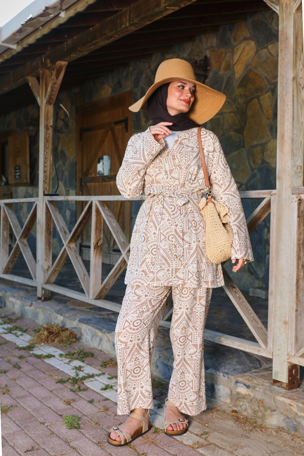 Kahverengi Etnik Desenli Şile Bezi Kimono Pantolon Takım