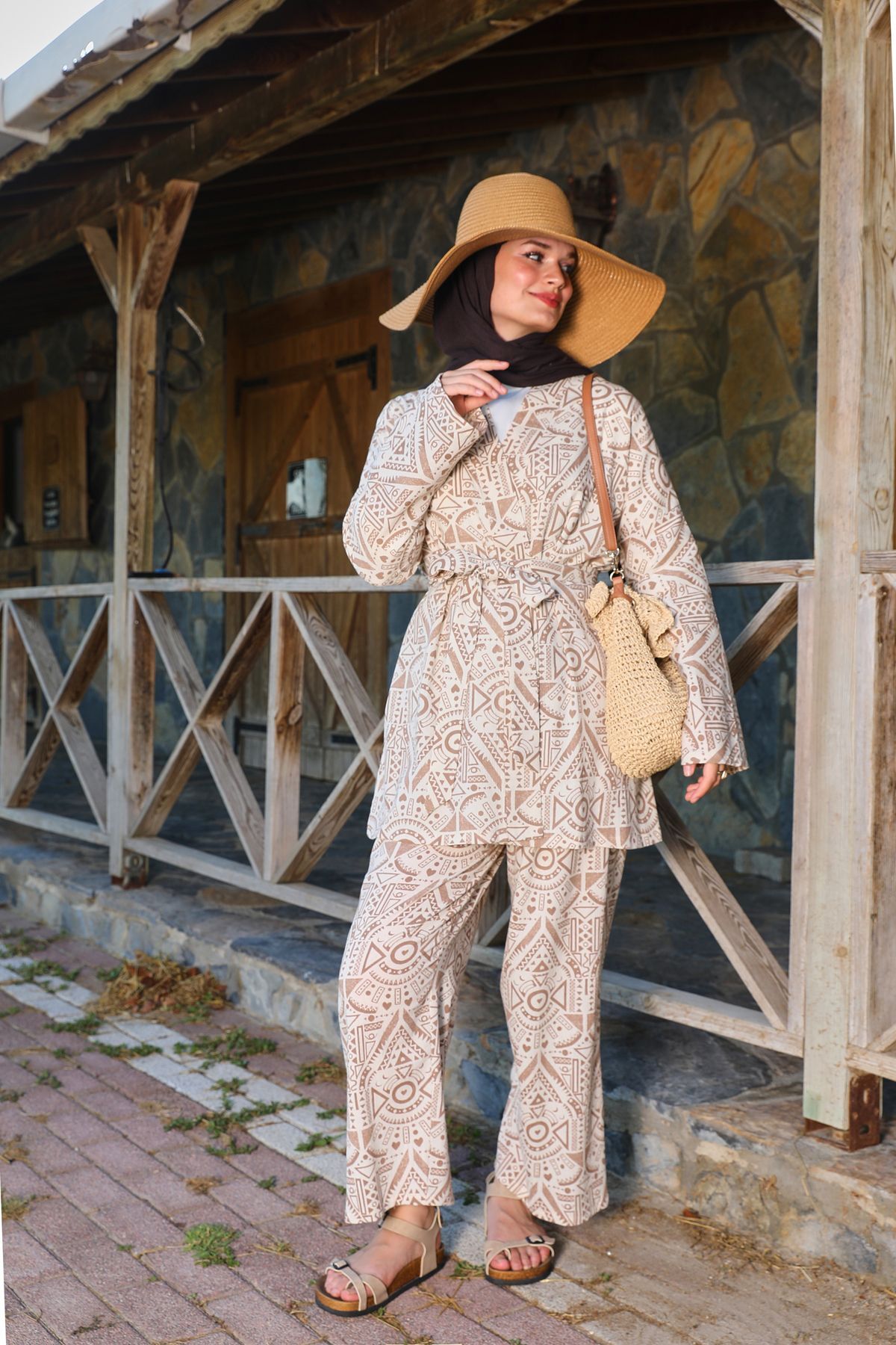 Kahverengi Etnik Desenli Şile Bezi Kimono Pantolon Takım