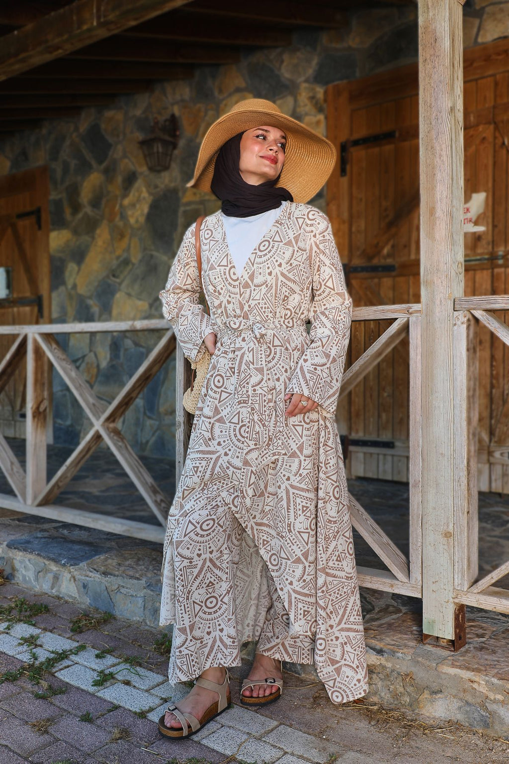 Kahverengi Etnik Desenli Şile Bezi Kimono