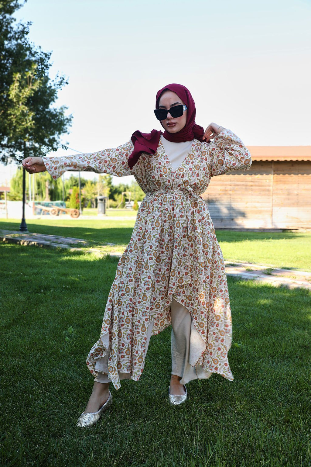 Kavuniçi Çiçek Desenli Şile Bezi Kimono