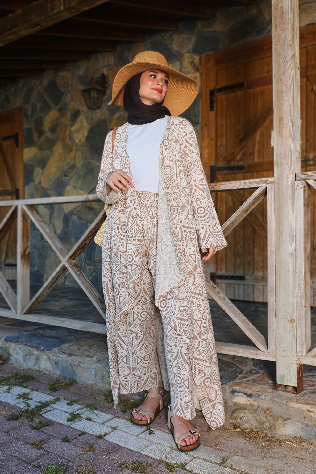 Kahverengi Etnik Desenli Şile Bezi Kimono