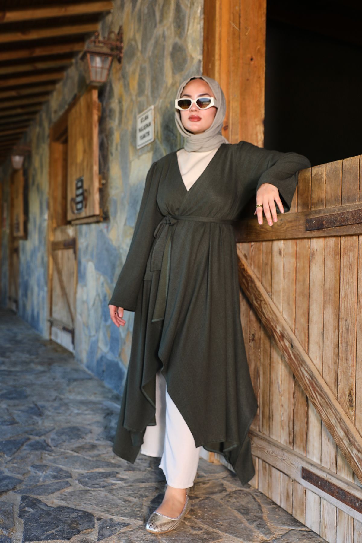 Haki Bürümcük Uzun Kimono