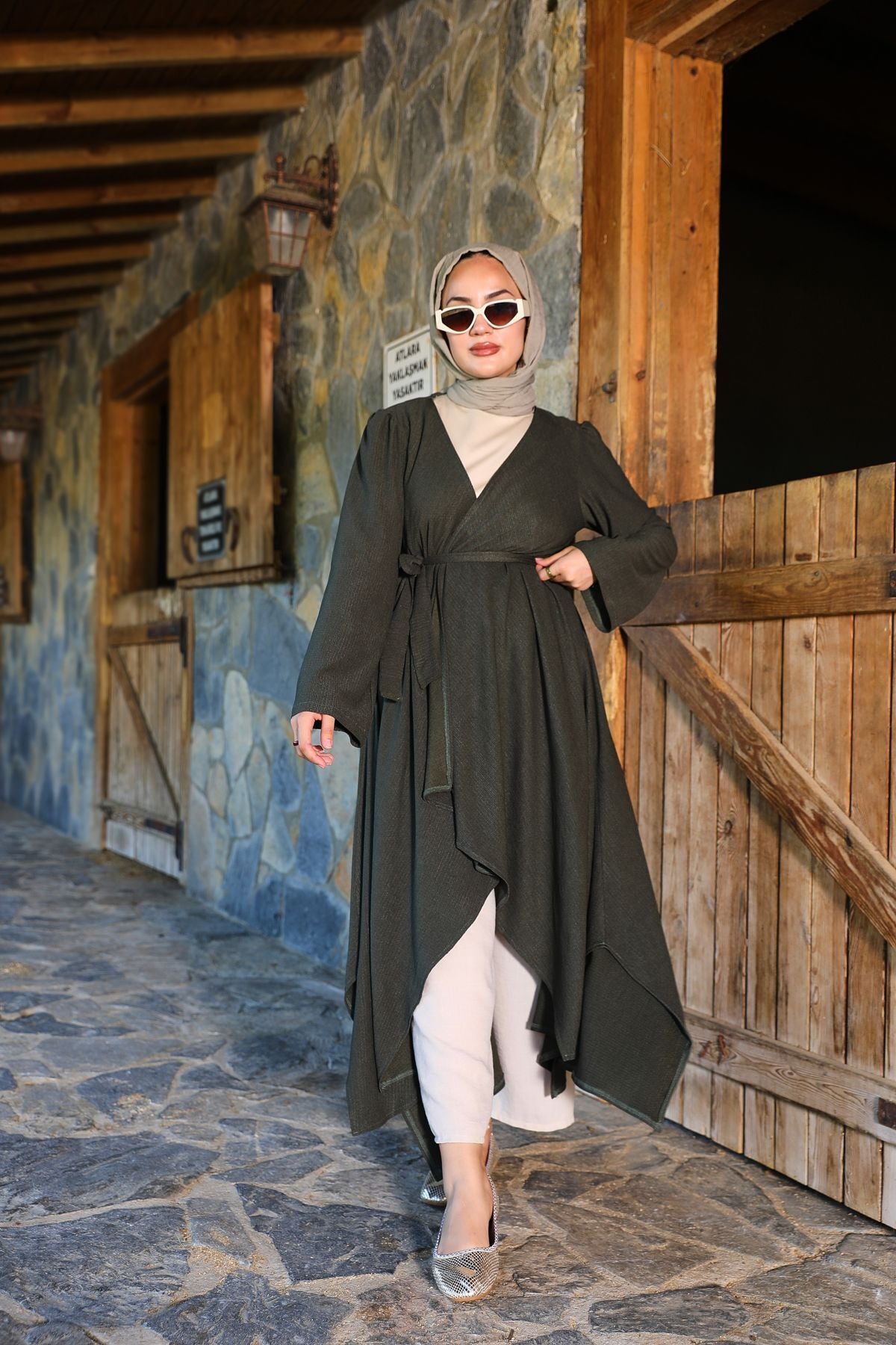 Haki Bürümcük Uzun Kimono