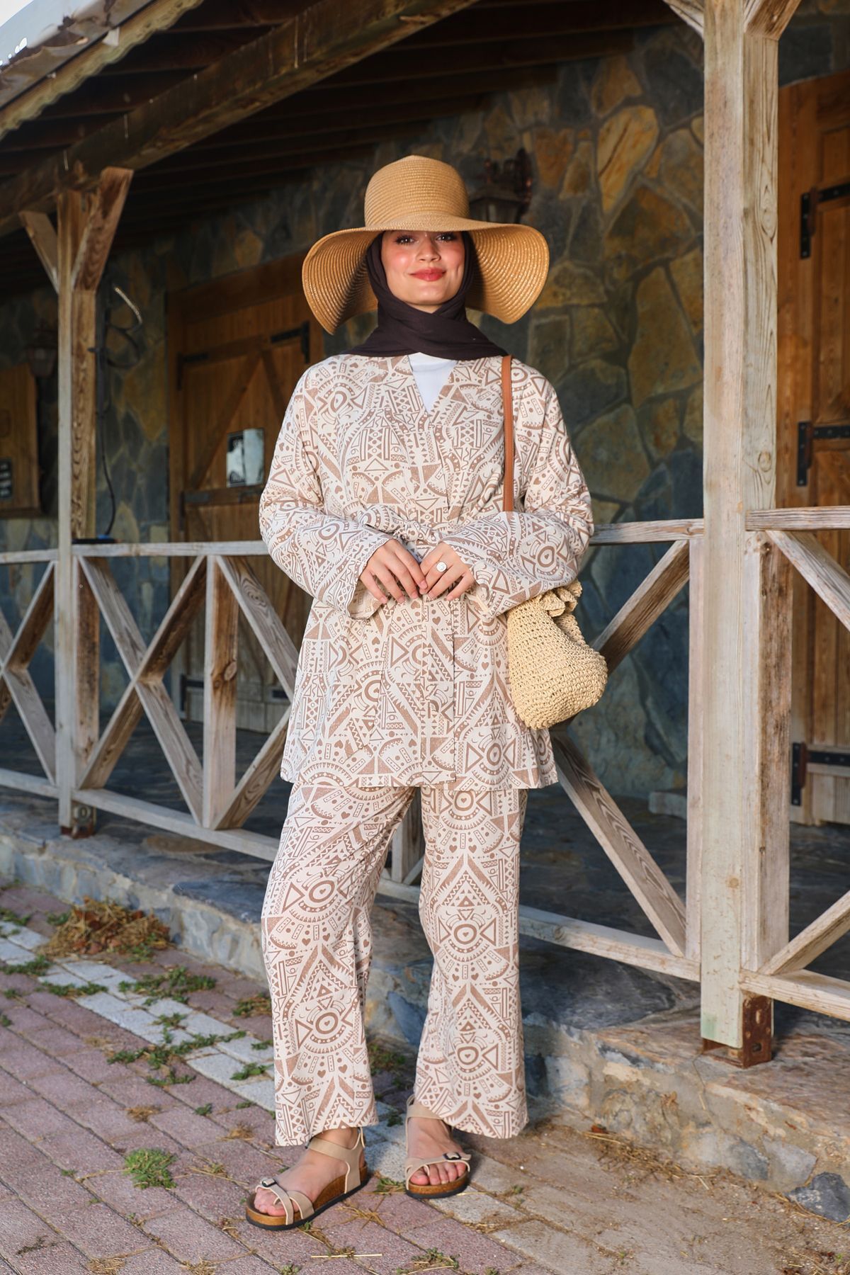 Kahverengi Etnik Desenli Şile Bezi Kimono Pantolon Takım