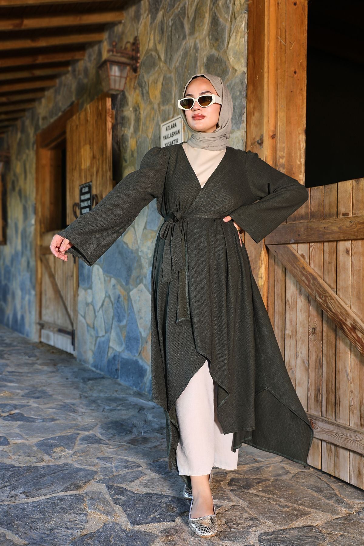 Haki Bürümcük Uzun Kimono