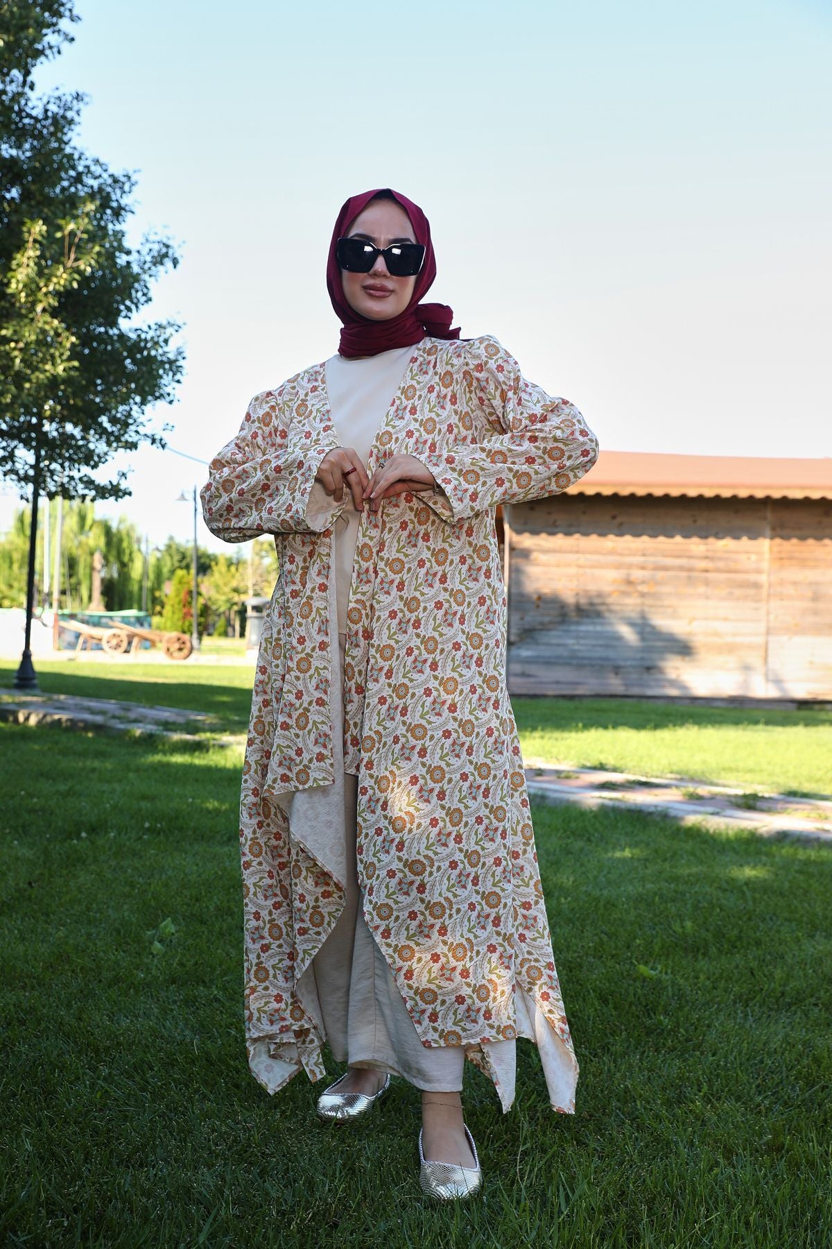 Kavuniçi Çiçek Desenli Şile Bezi Kimono