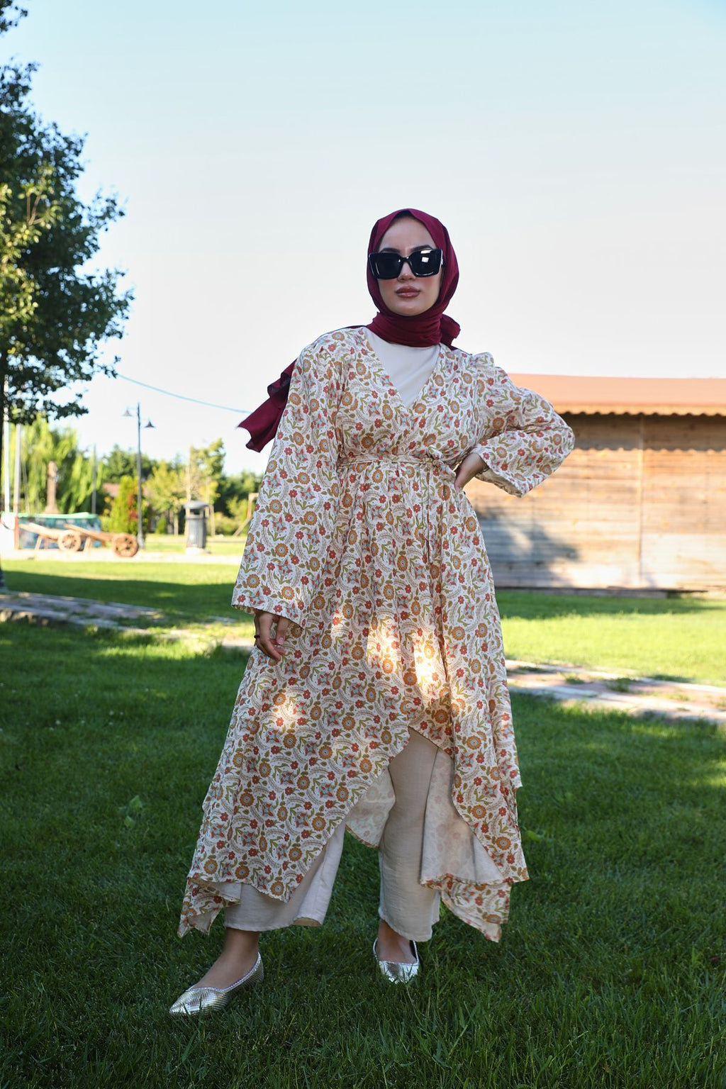 Kavuniçi Çiçek Desenli Şile Bezi Kimono