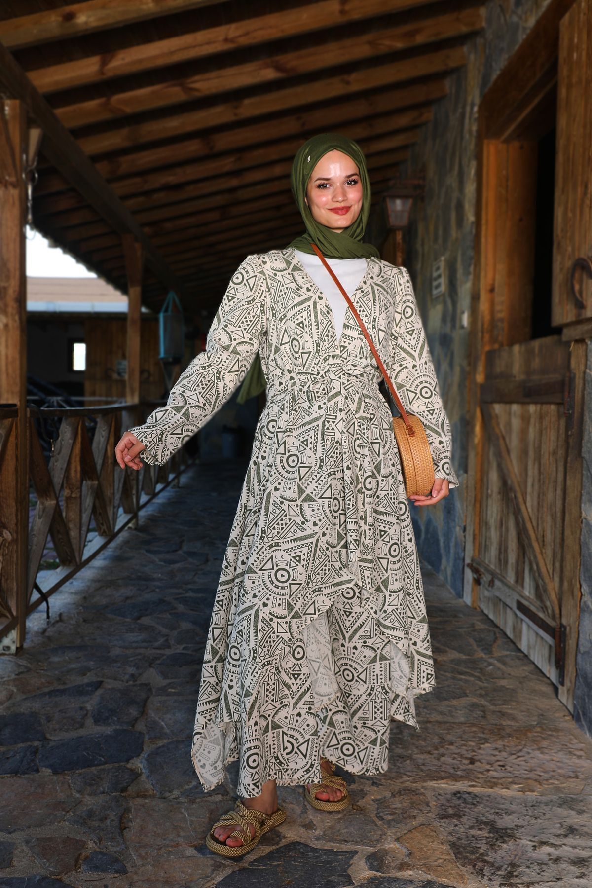 Haki Etnik Desenli Şile Bezi Kimono