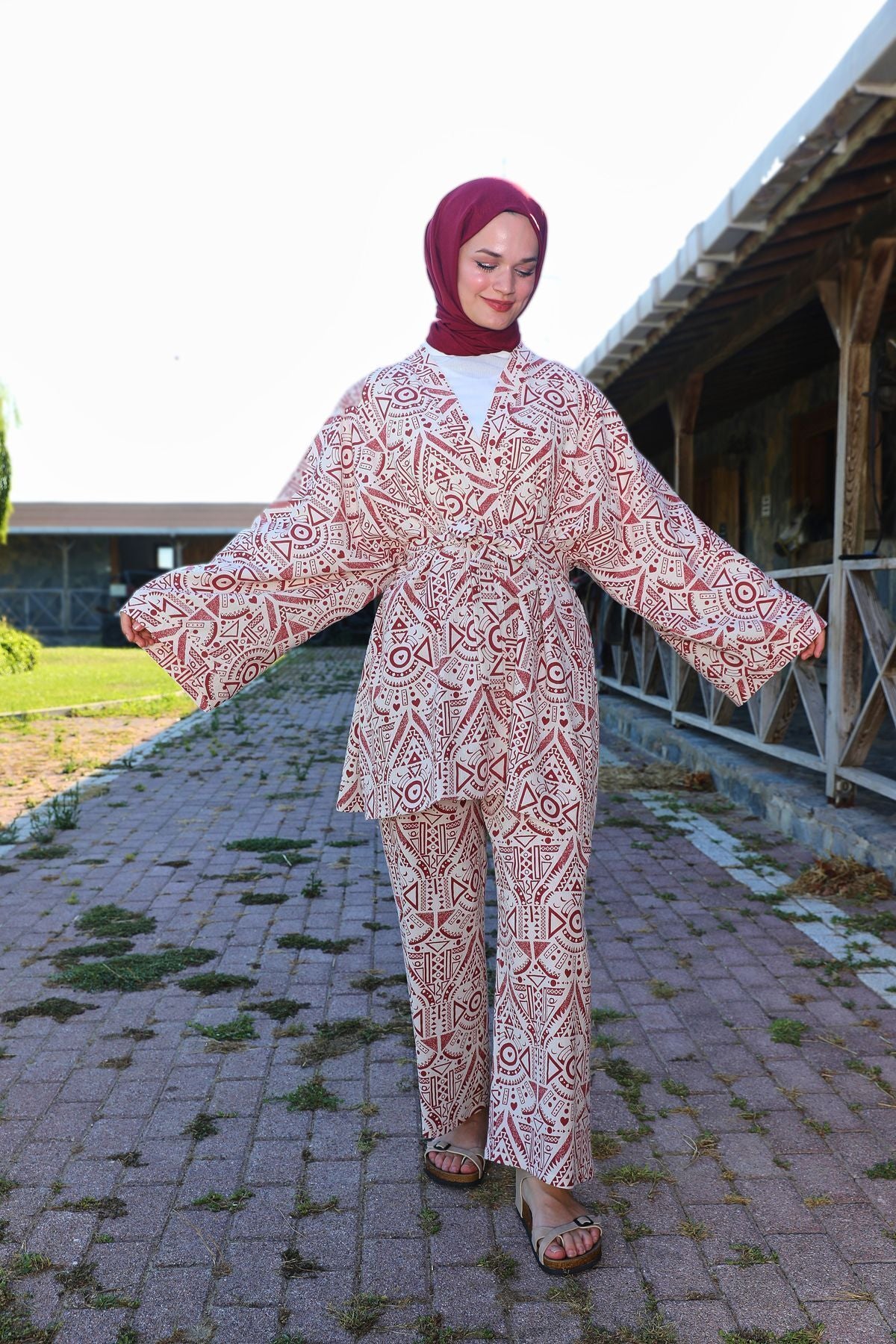 Kiremit Etnik Desenli Şile Bezi Kimono Pantolon Takım