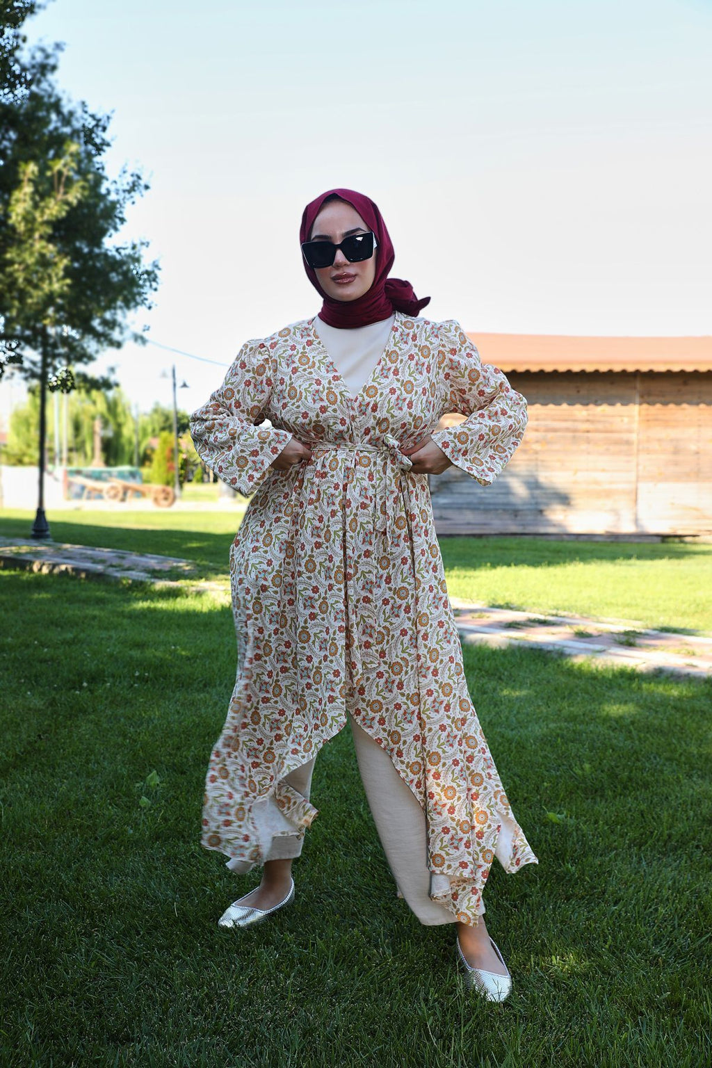 Kavuniçi Çiçek Desenli Şile Bezi Kimono