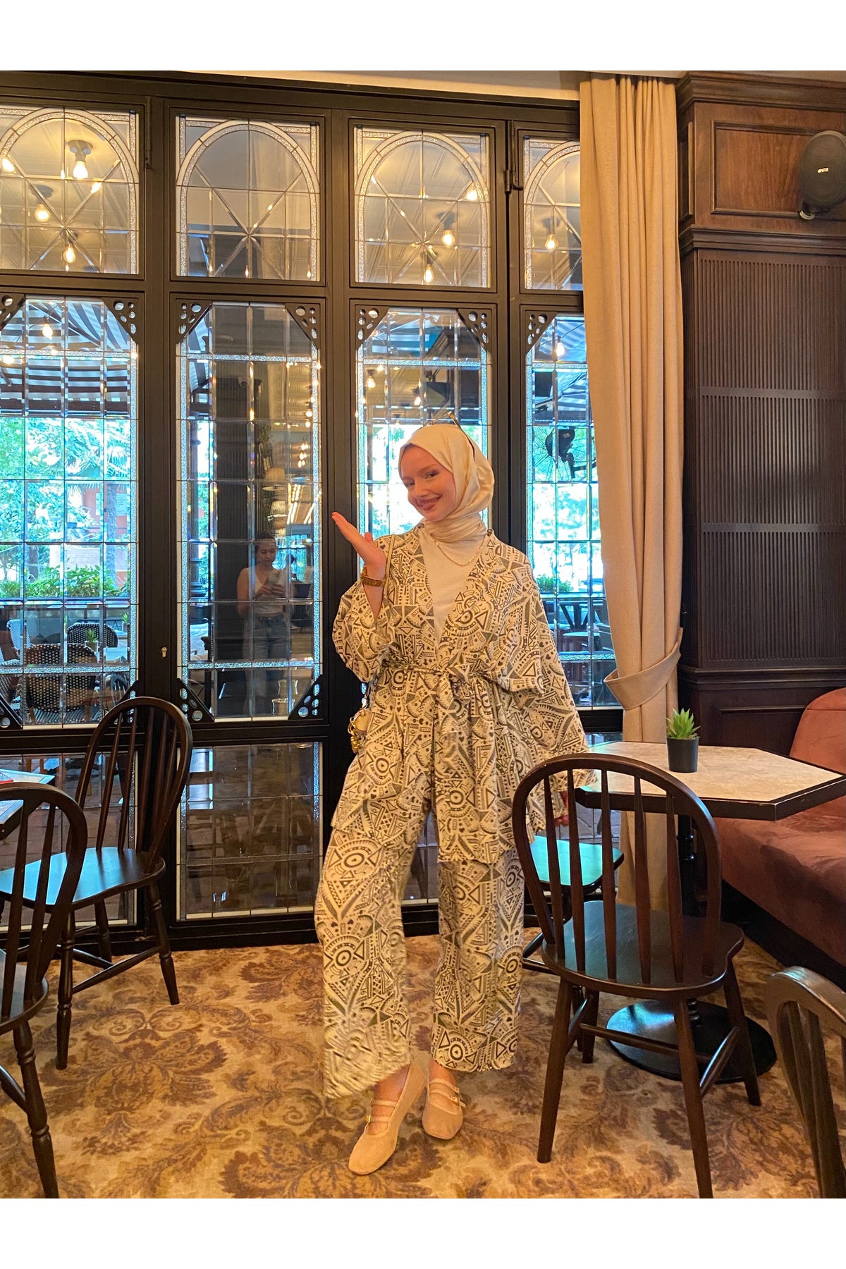 Haki Etnik Desenli Şile Bezi Kimono Pantolon Takım