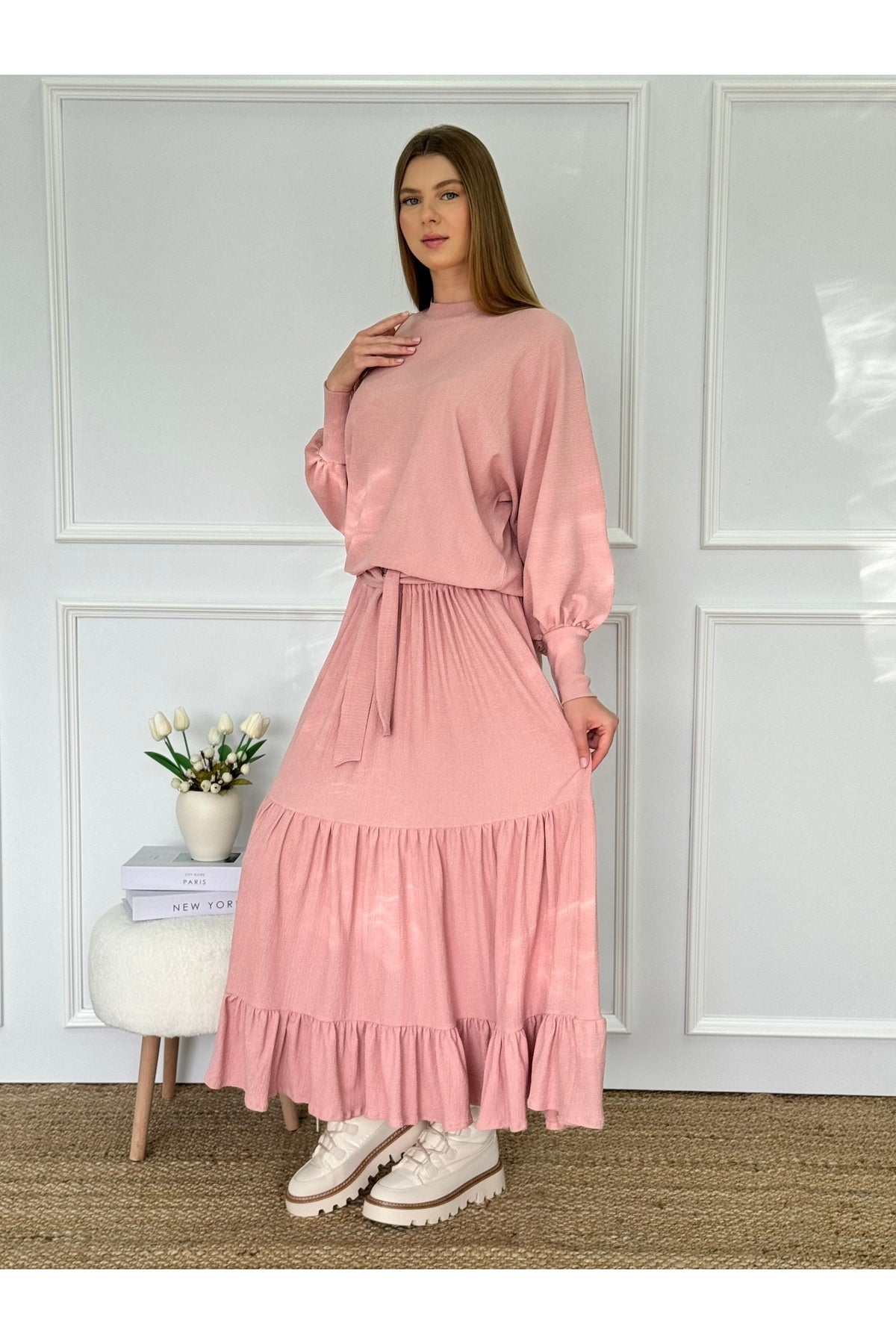 Eteği Fırfır Detaylı Pembe Etekli Takım